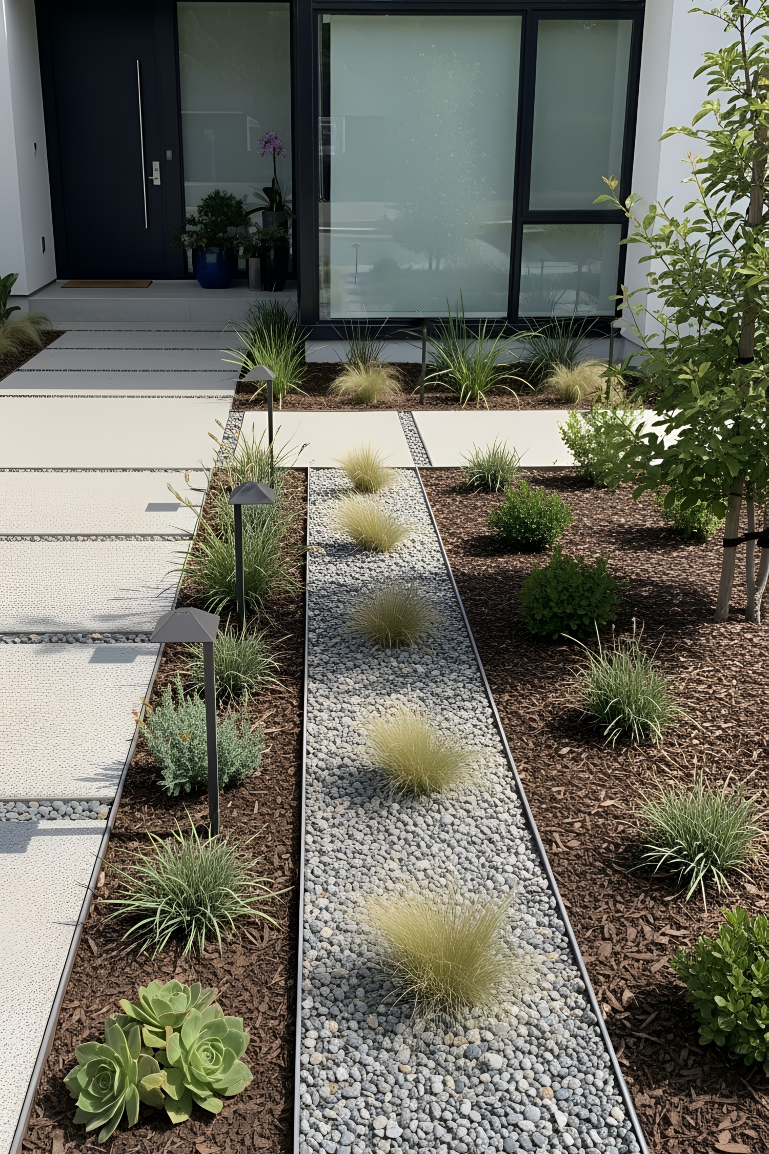 Modern walkway with gravel and plants