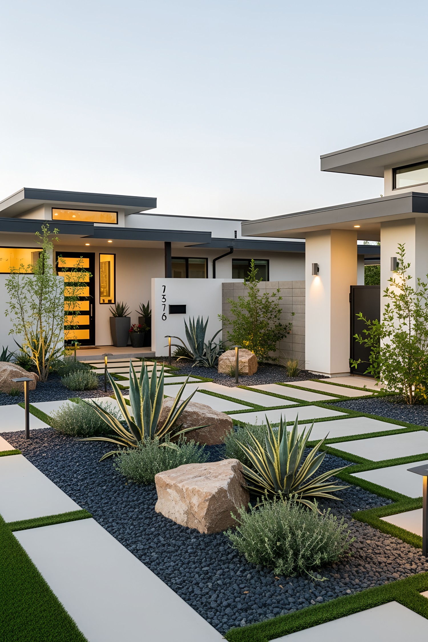 Modern front yard with geometric pathway and desert plants