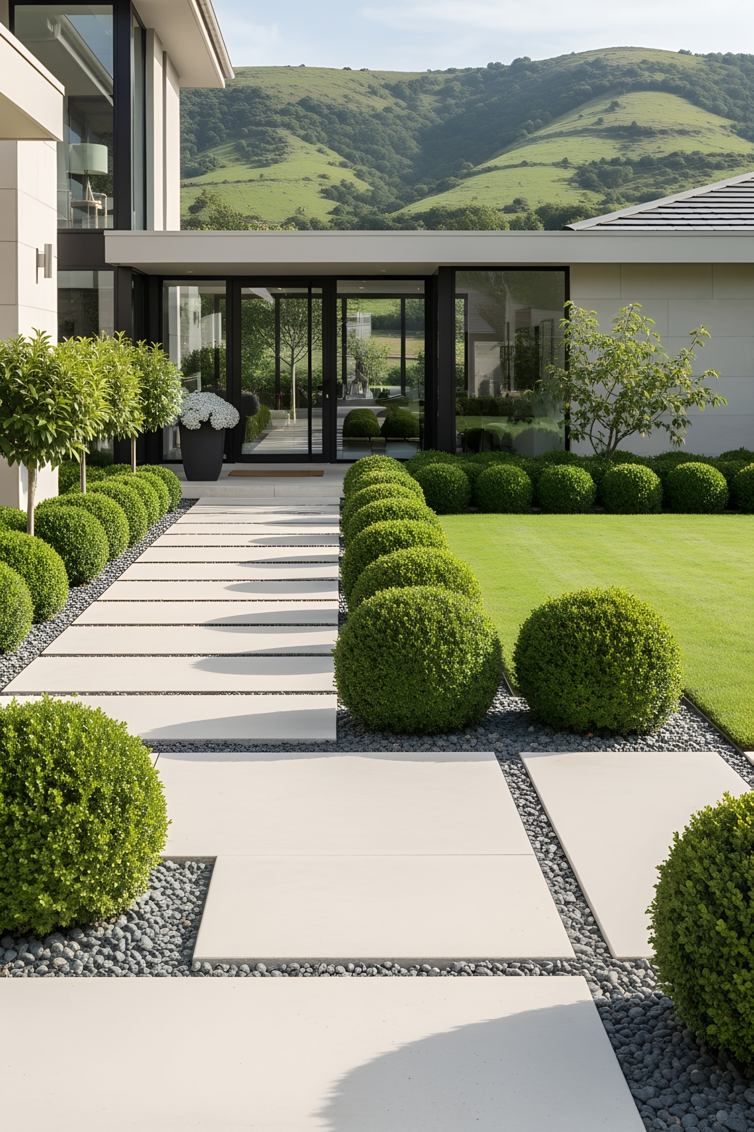 Modern walkway with lush greenery
