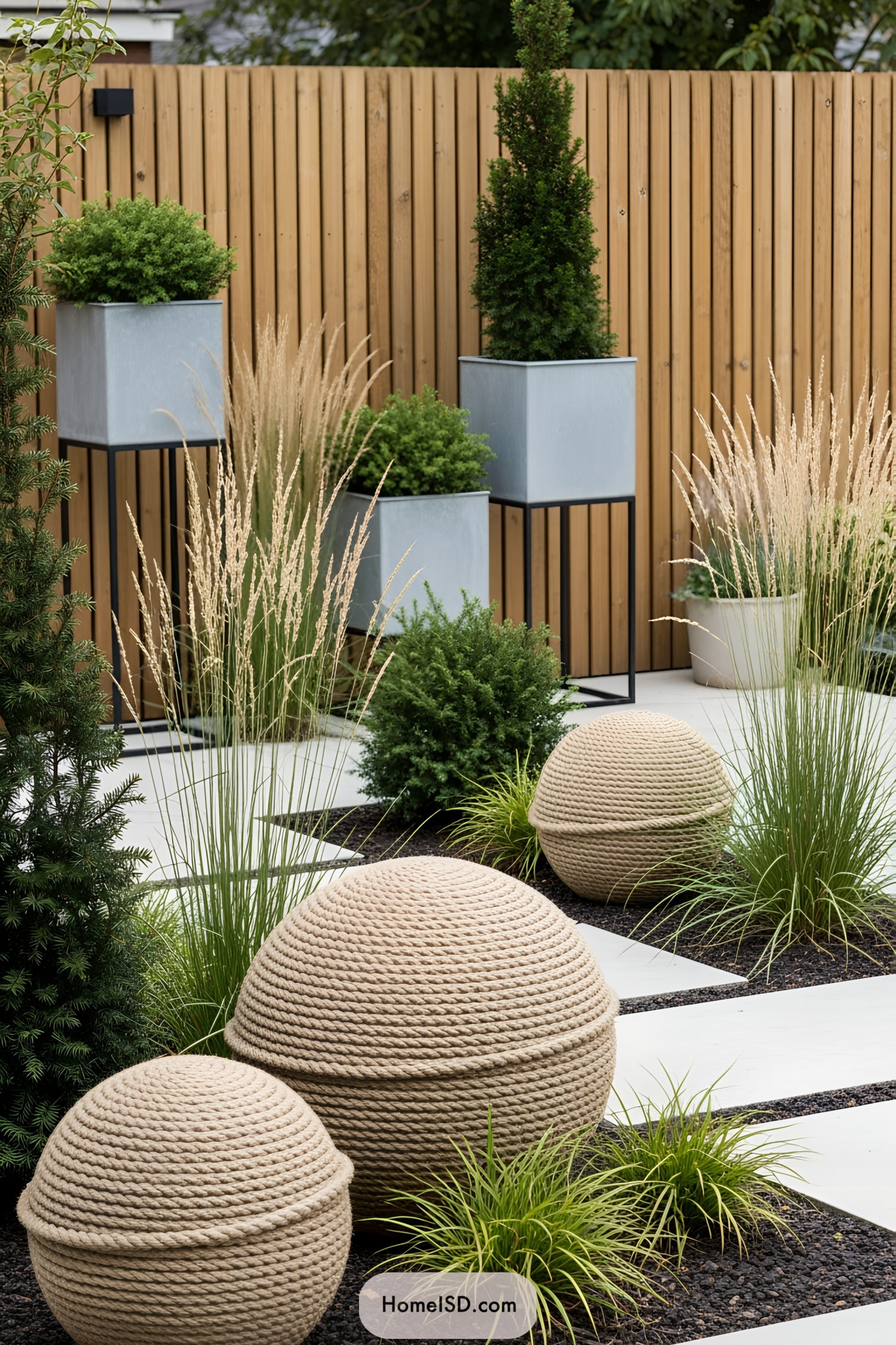 Spherical rope sculptures amidst planters and a wooden fence