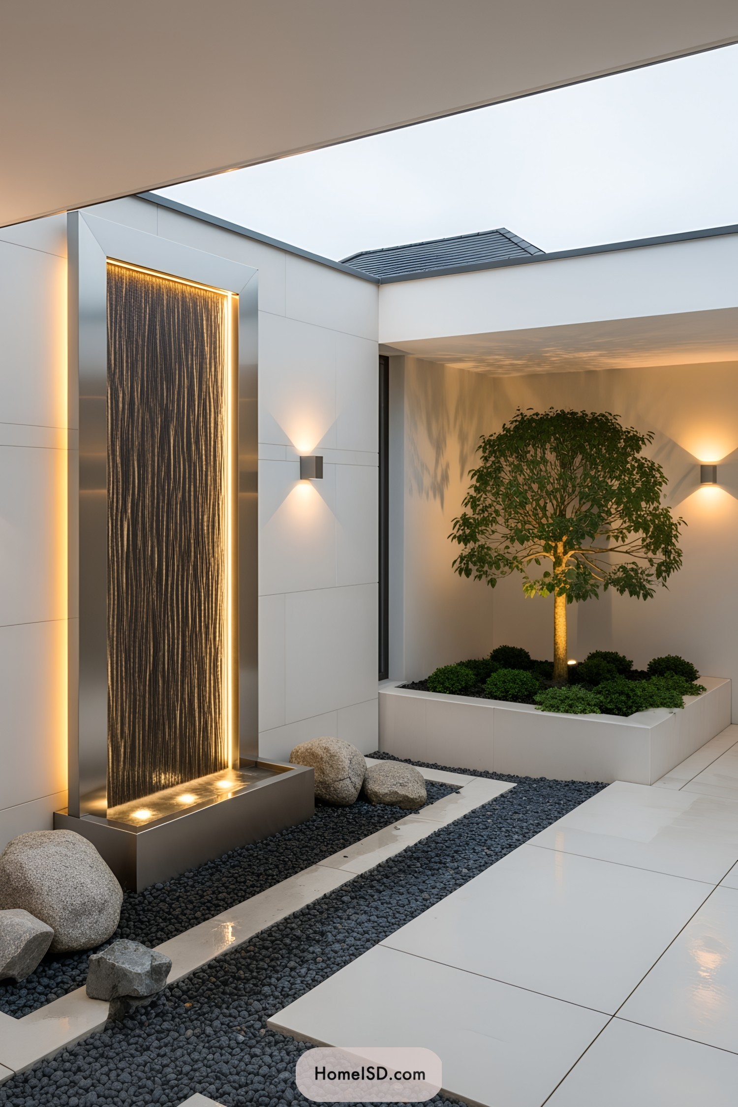 Stylish outdoor wall fountain with ambient lighting