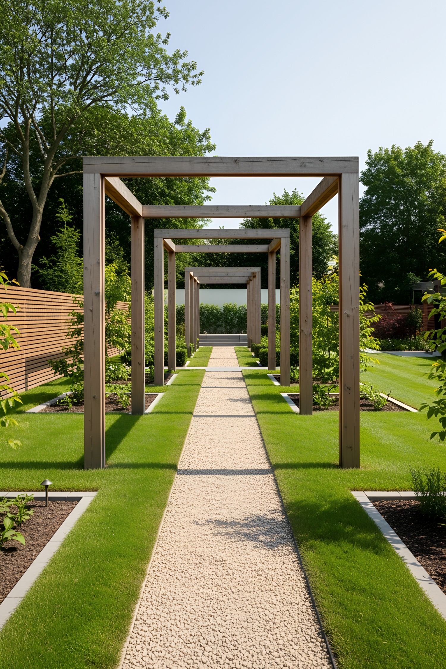 Wooden pergola with a stone pathway and lush grass