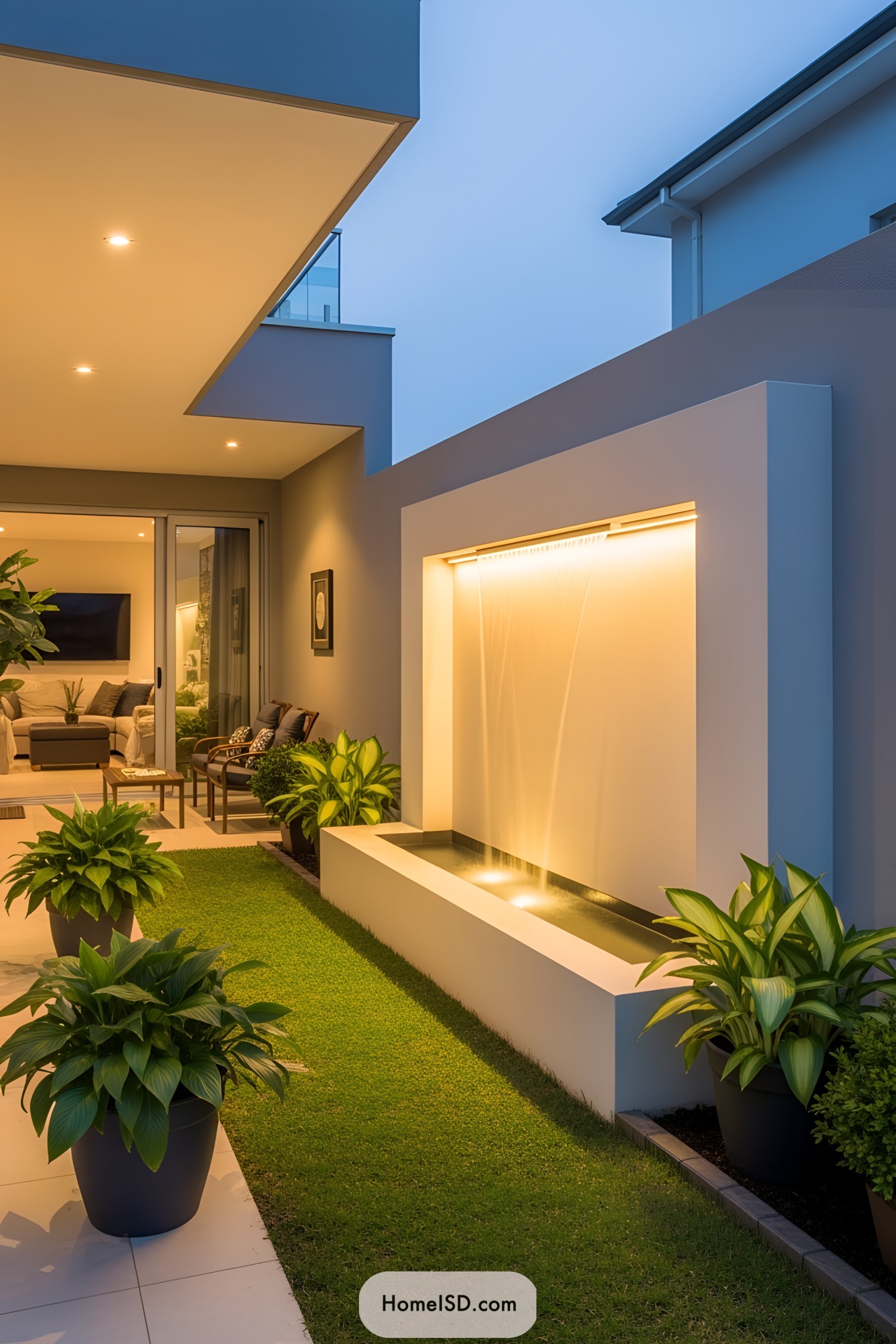 A modern outdoor wall fountain with surrounding greenery