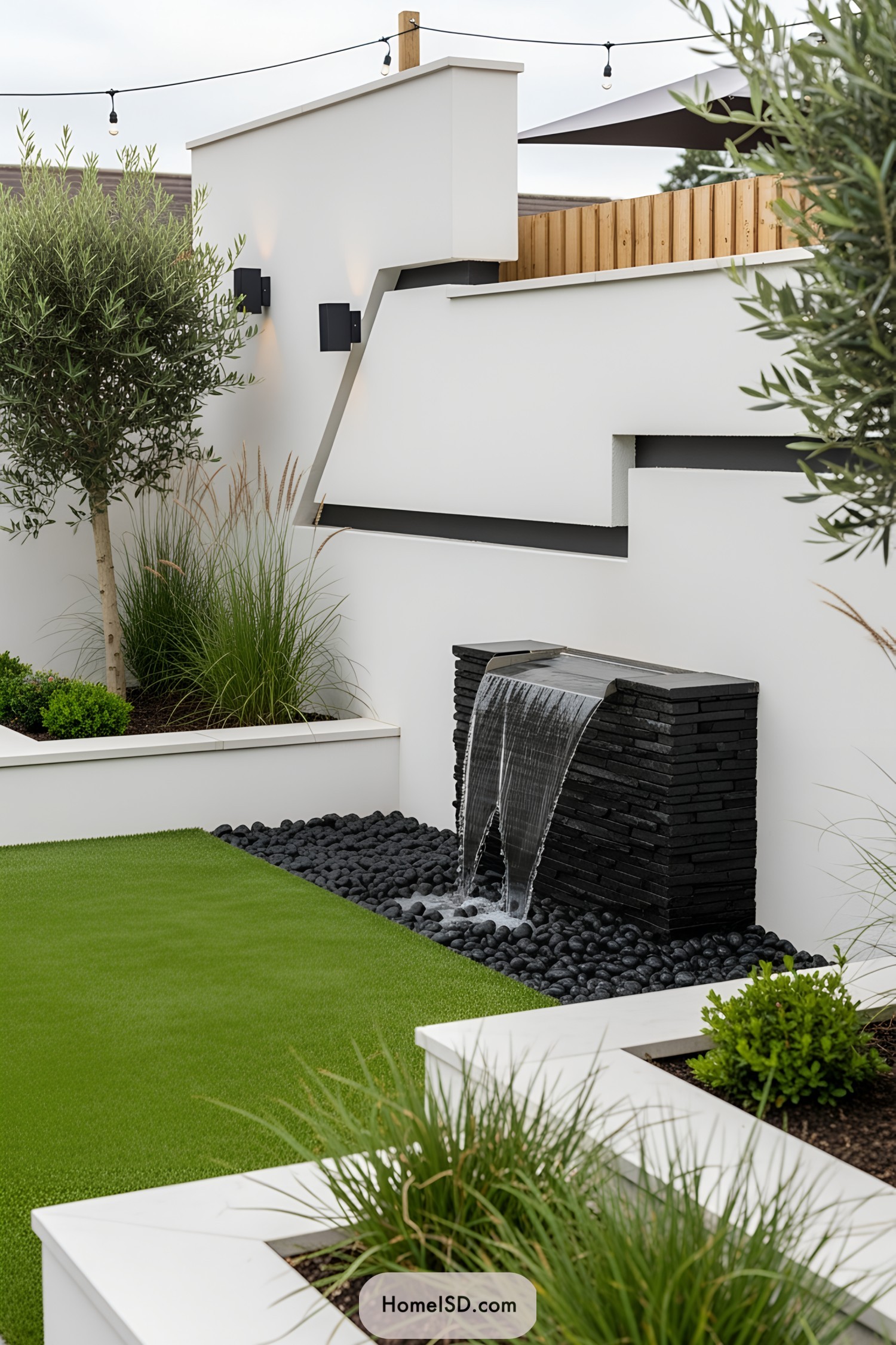 Wall fountain with sleek design in a minimalist garden