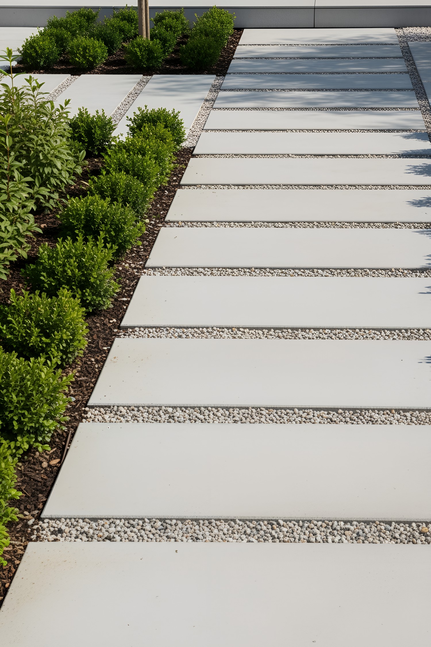 Modern geometric path with white tiles and green plants