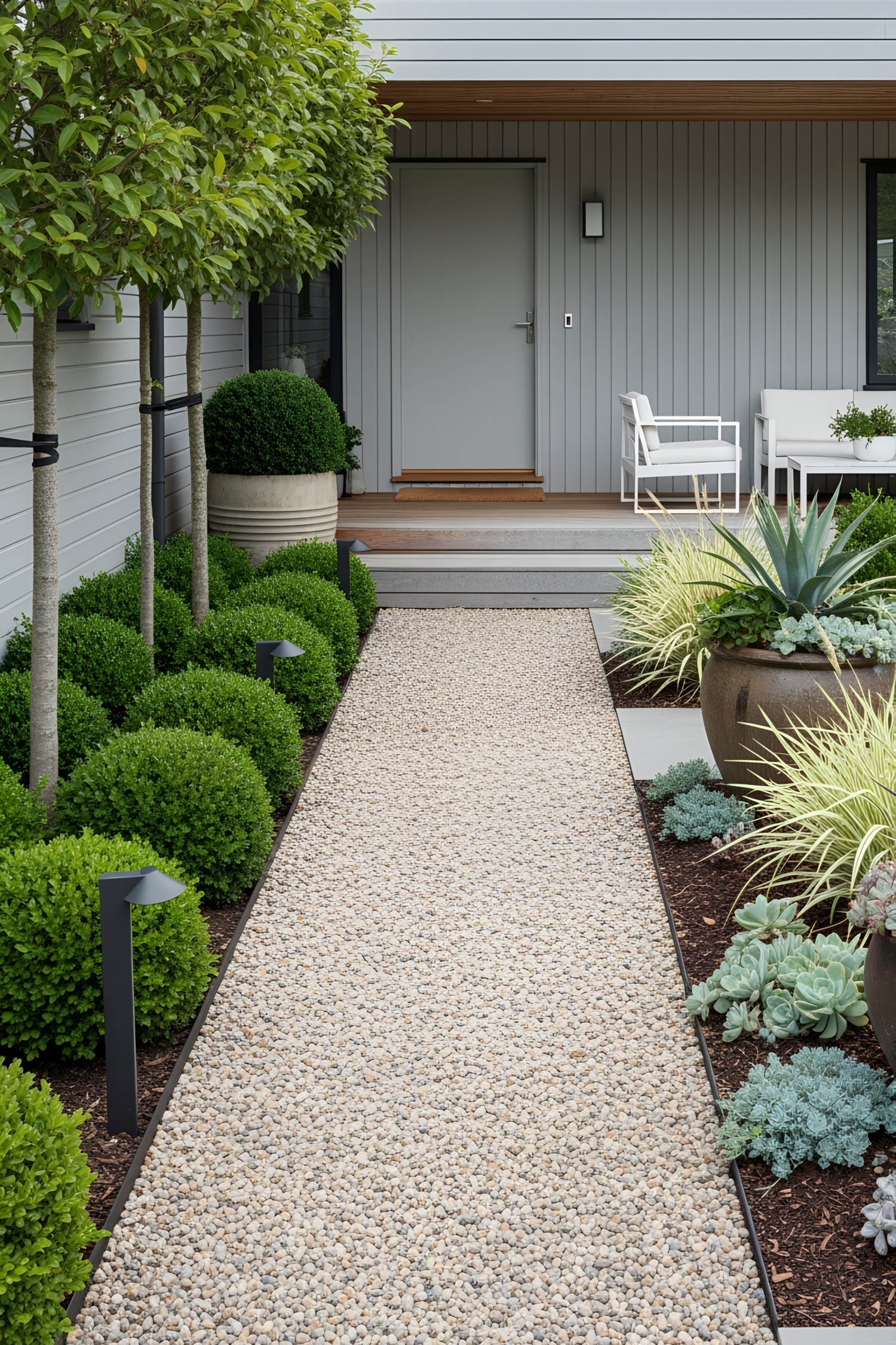 A gravel path lined with greenery leading to a modern entrance