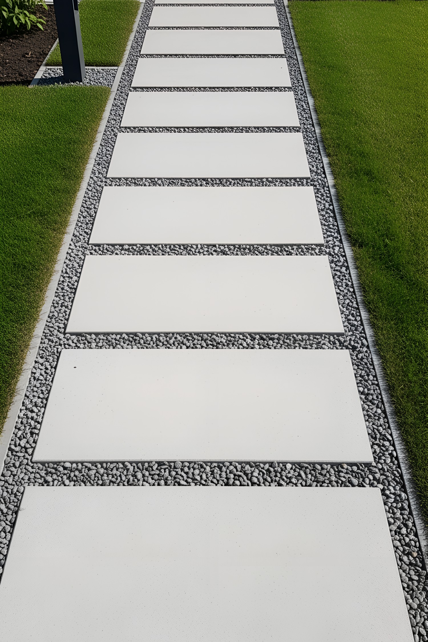 Neatly arranged stone slabs surrounded by pebbles and grass