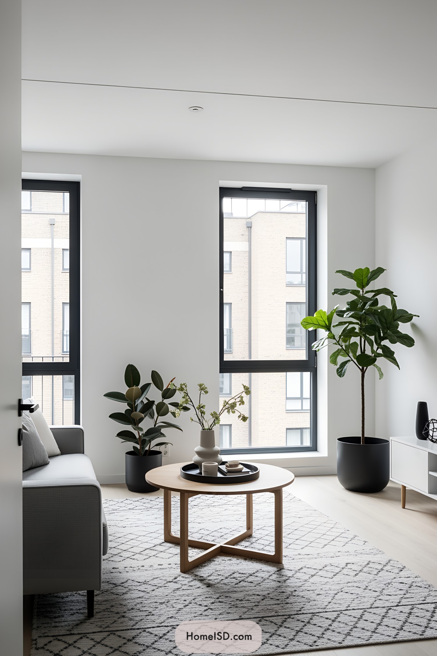 Modern room with large plants, neutral tones, and big windows