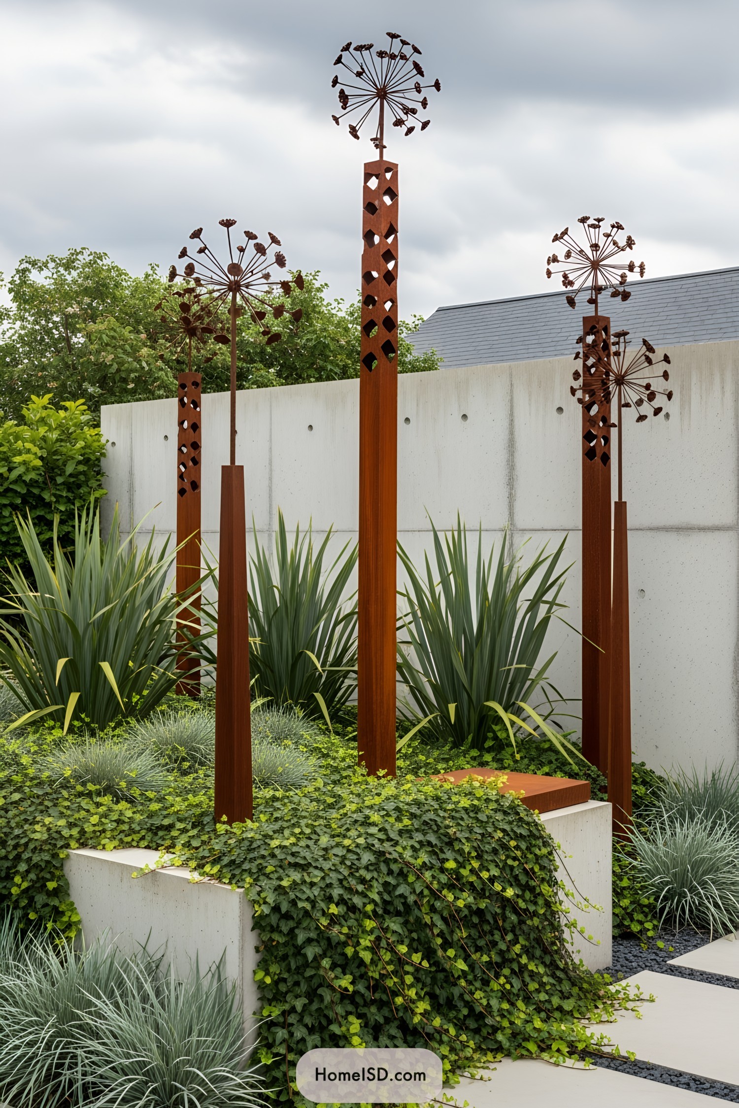 Tall rust-colored metal sculptures amidst lush greenery and ivy