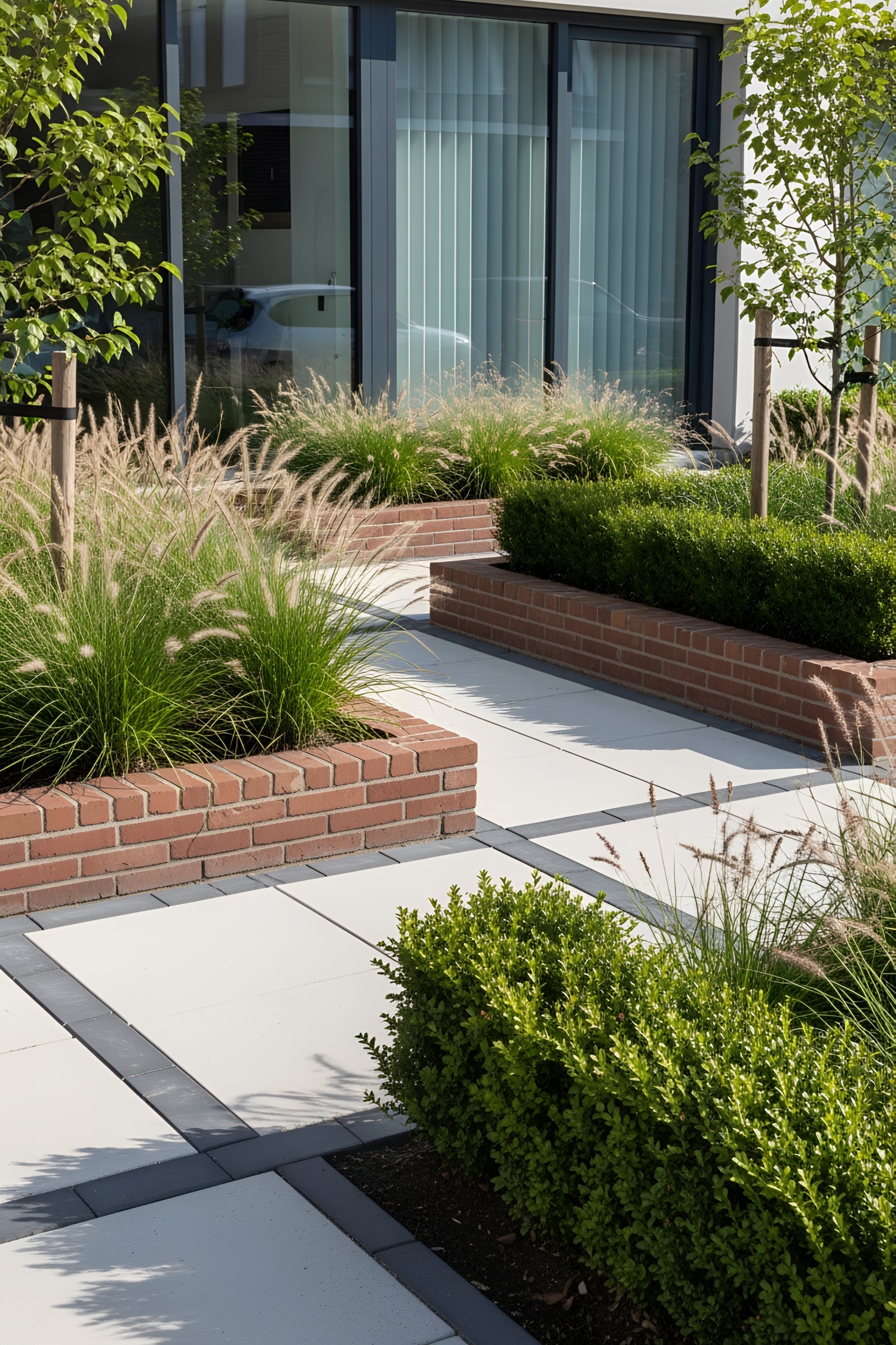 Red brick garden edging with lush greenery