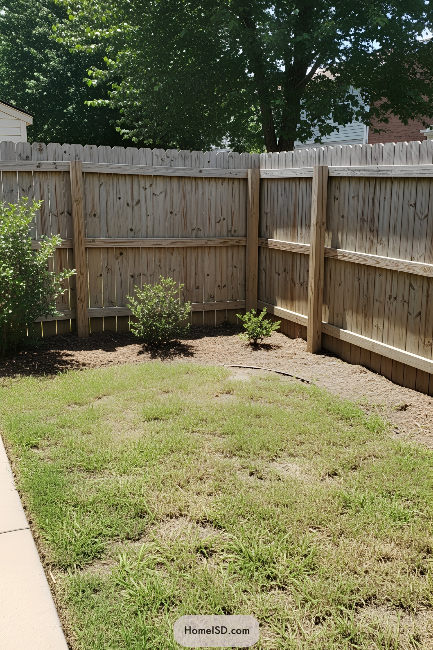 Wooden fence enclosing a small backyard garden