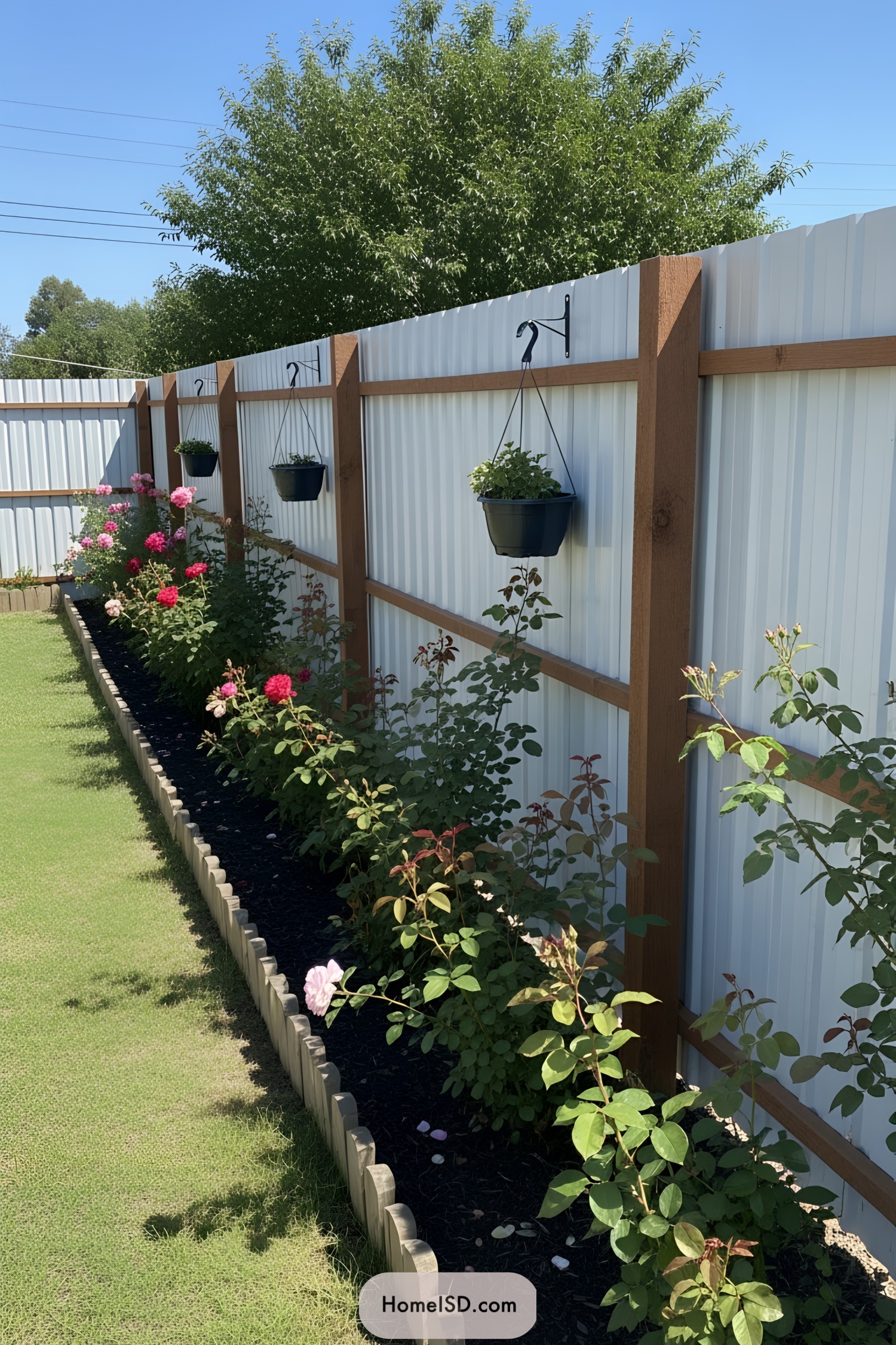 Wooden frame privacy fence with blooming flowers and hanging pots
