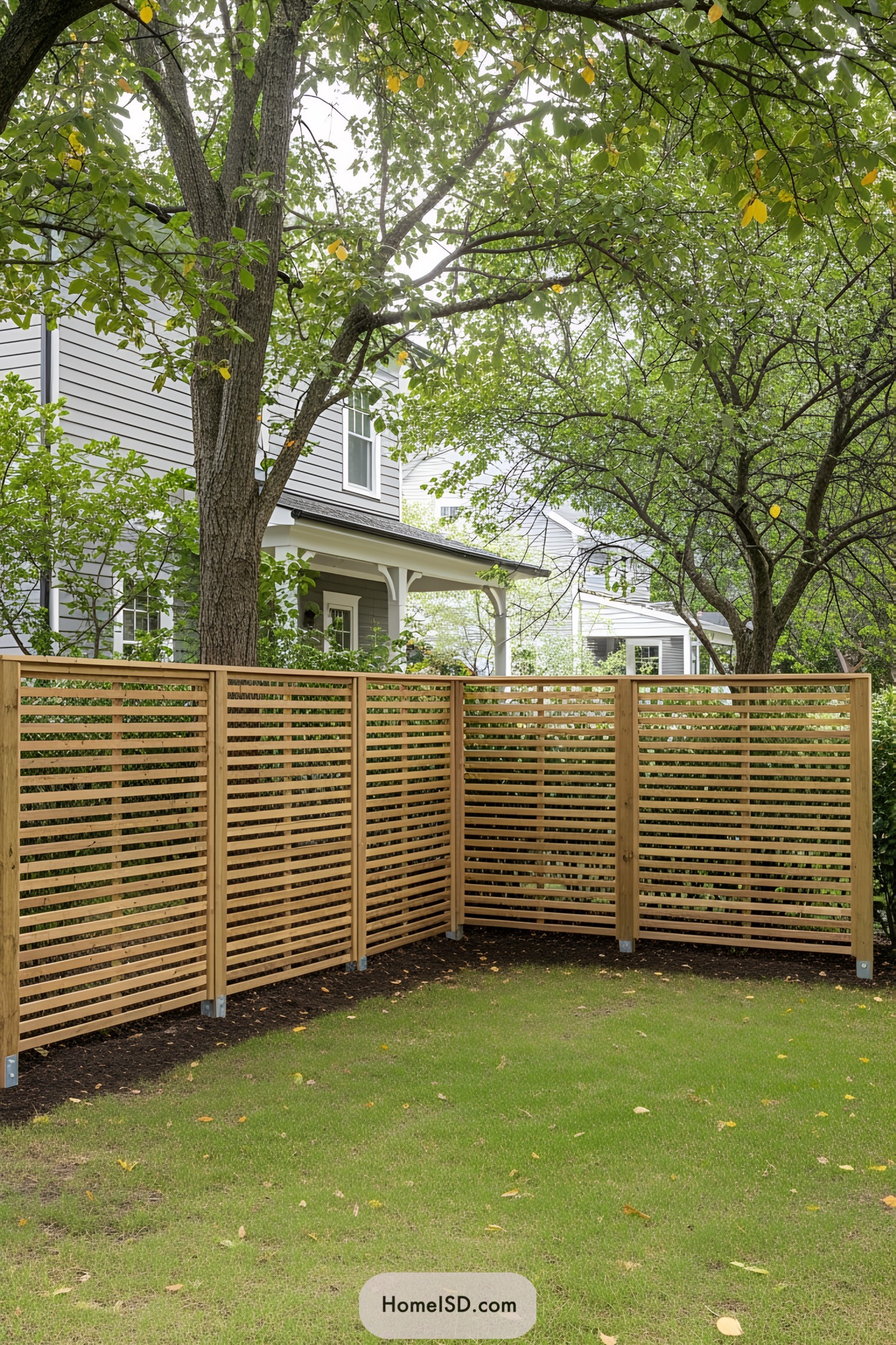 Wooden slatted fence in a shaded garden corner