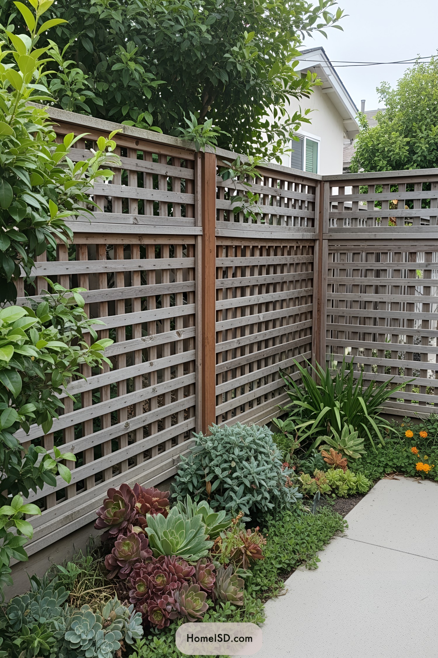 Wooden lattice fence with lush garden