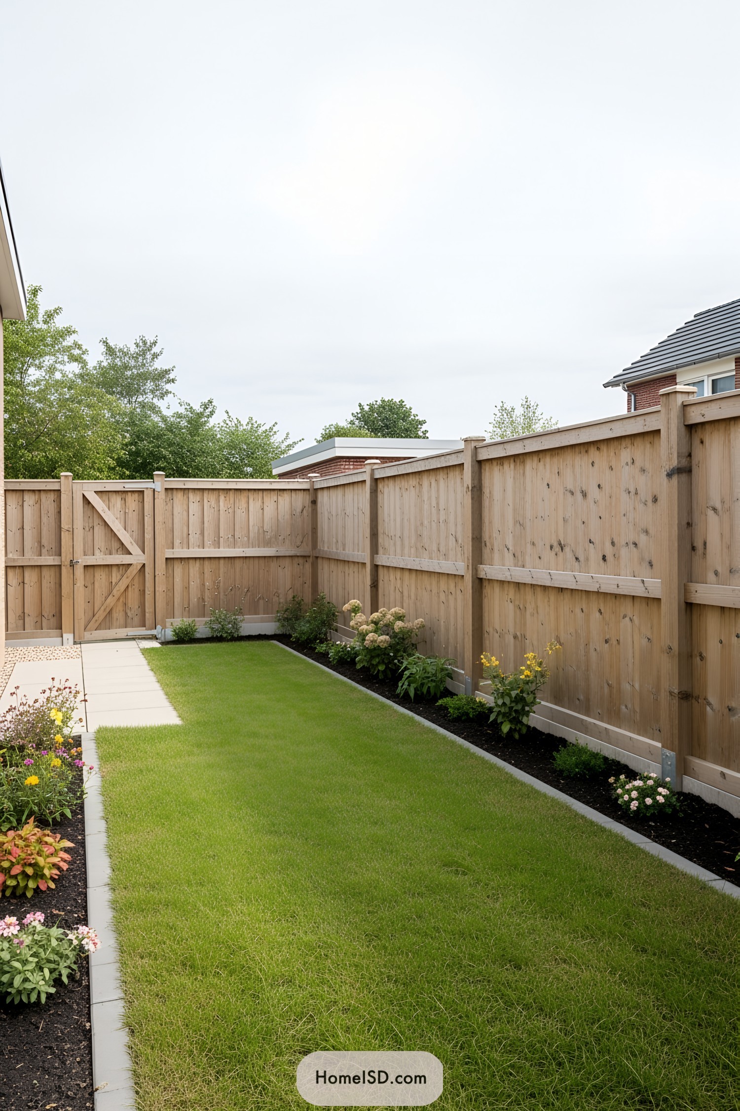 Wooden privacy fence around a small, landscaped garden