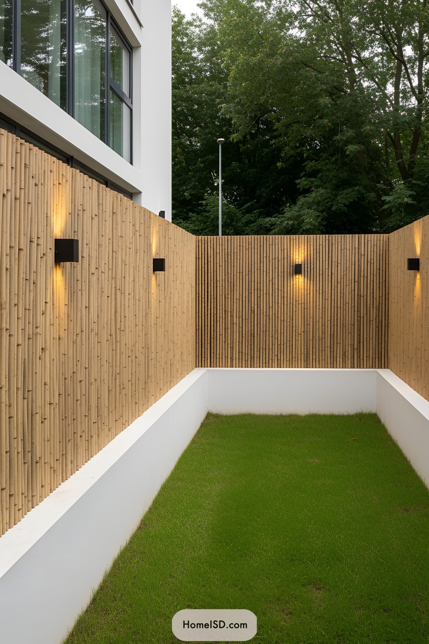Tall bamboo fence with modern lights in a narrow yard