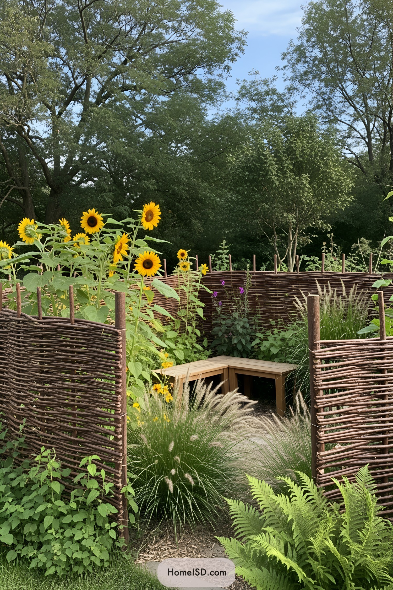 Woven twig fence with sunflowers and lush greenery