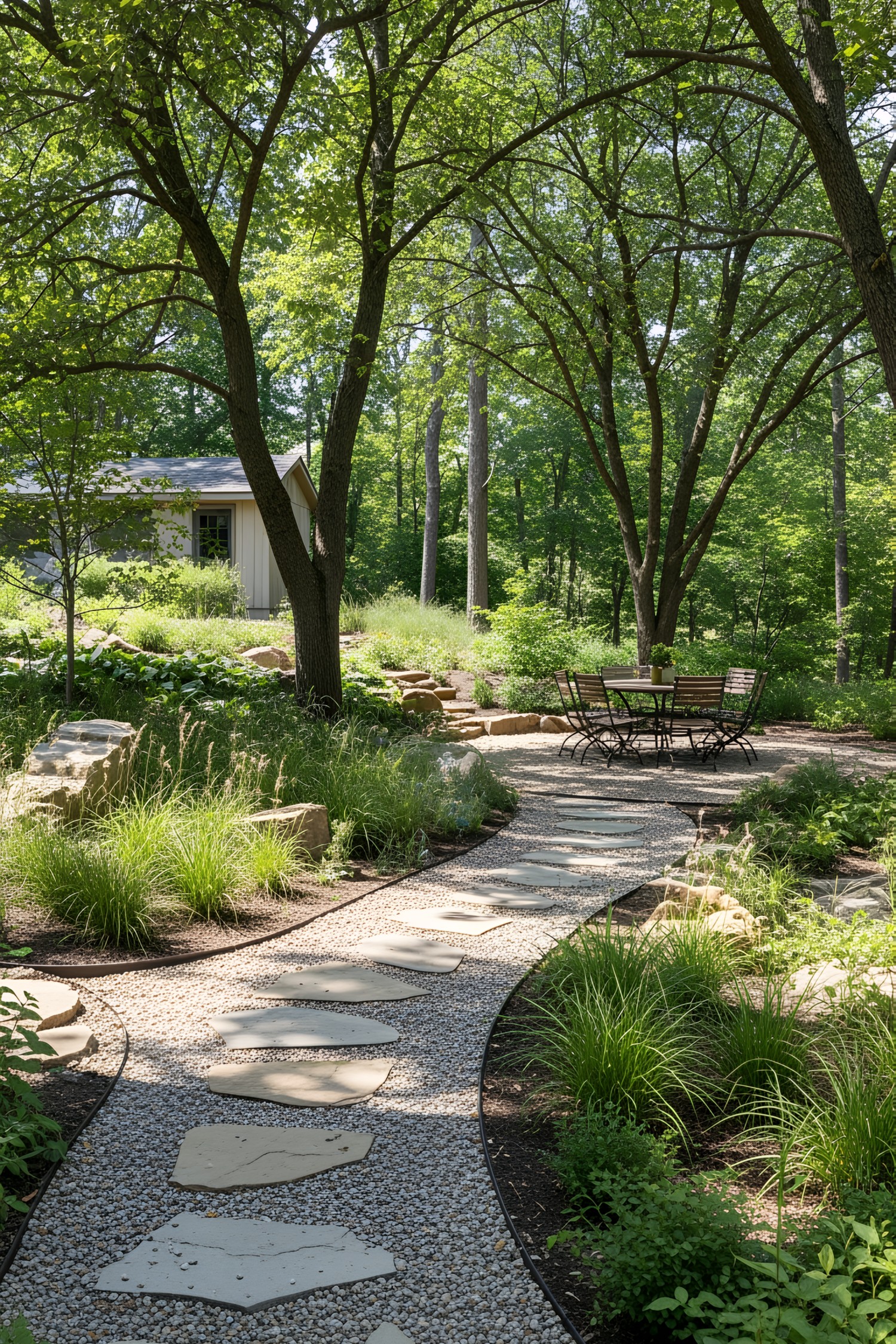 Flagstone path in a lush garden setting