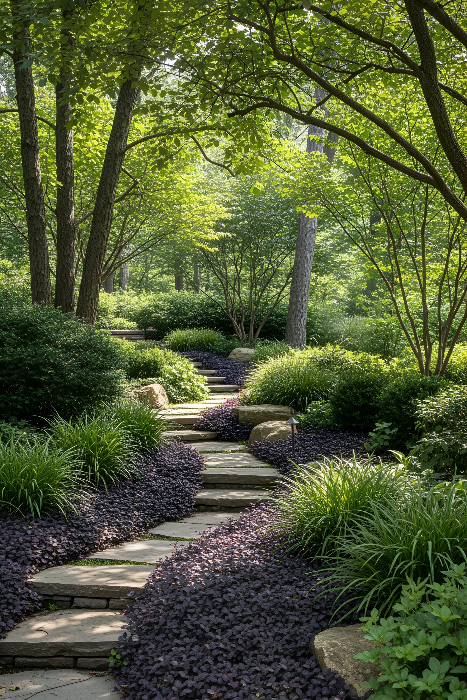 Stone pathway through lush, leafy garden