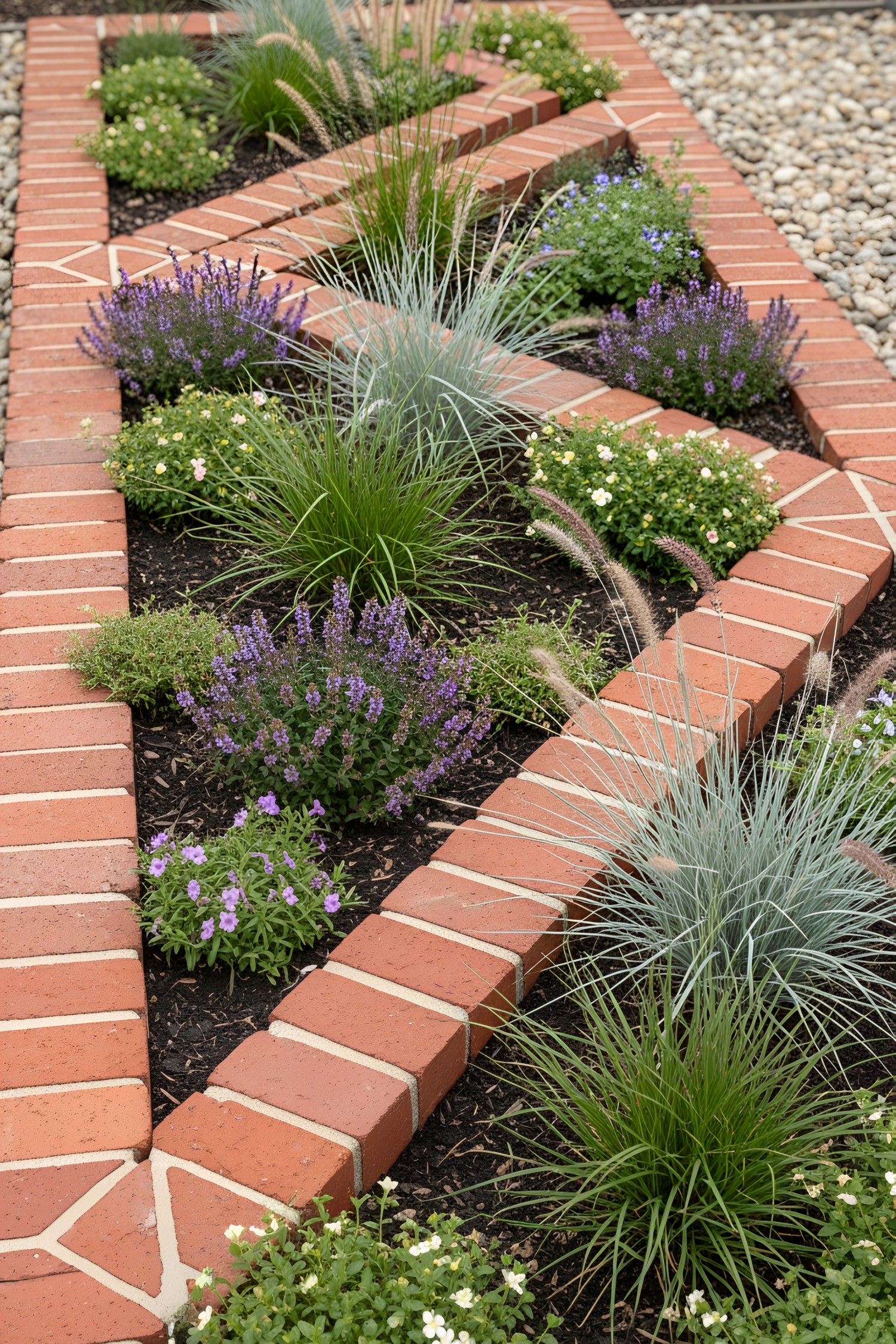 Brick pathway with lush plants and flowers