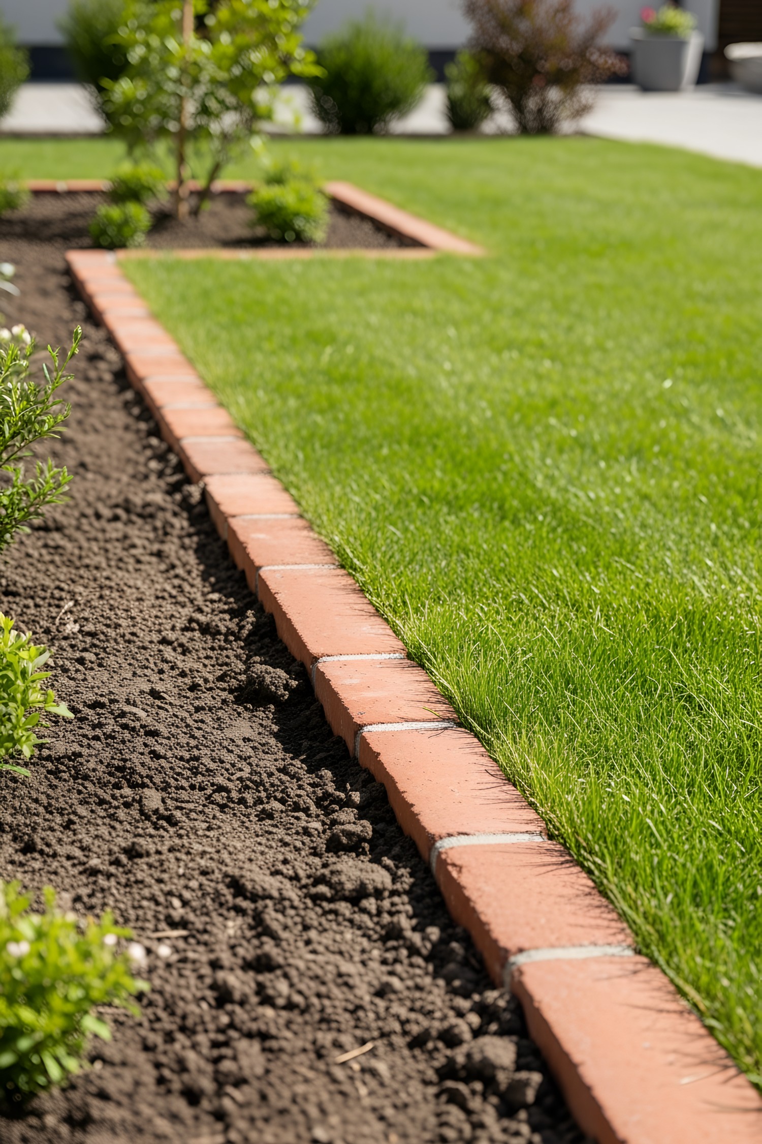 Neat red bricks outline a lush garden lawn