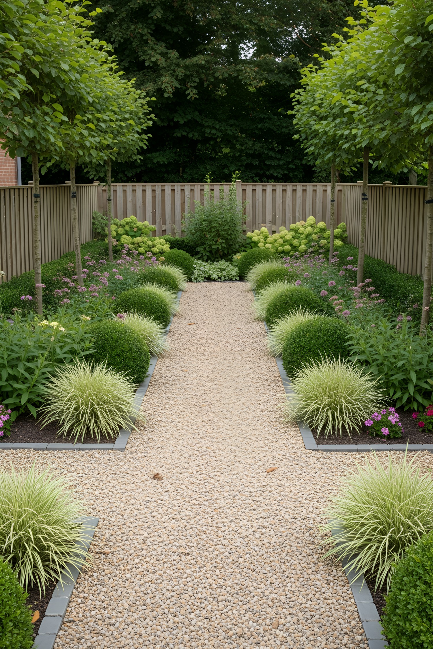 Gravel path flanked by lush greenery and flowers