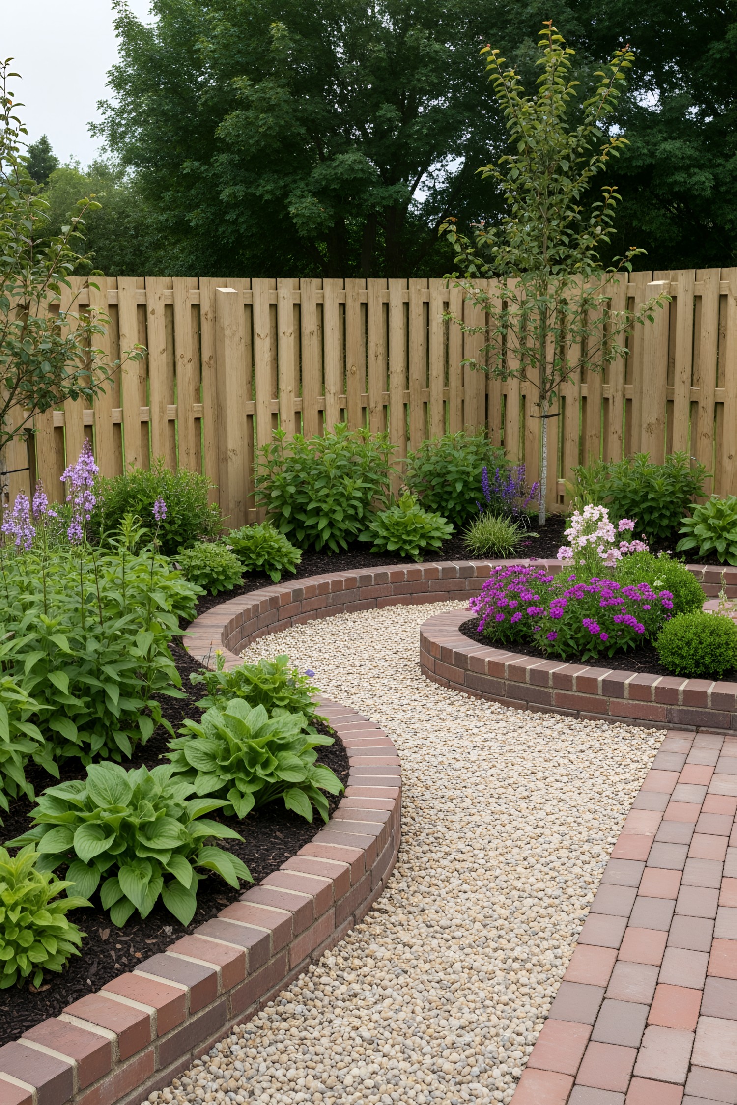 Curved brick edging with vibrant plantings and gravel path