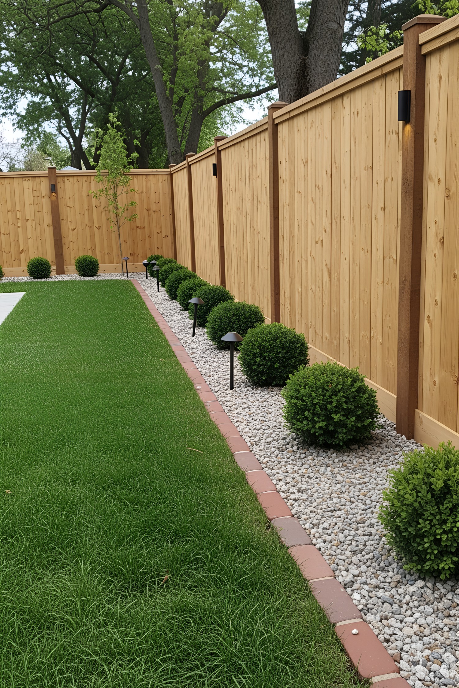 Brick border separating green grass and pebble bed with shrubs