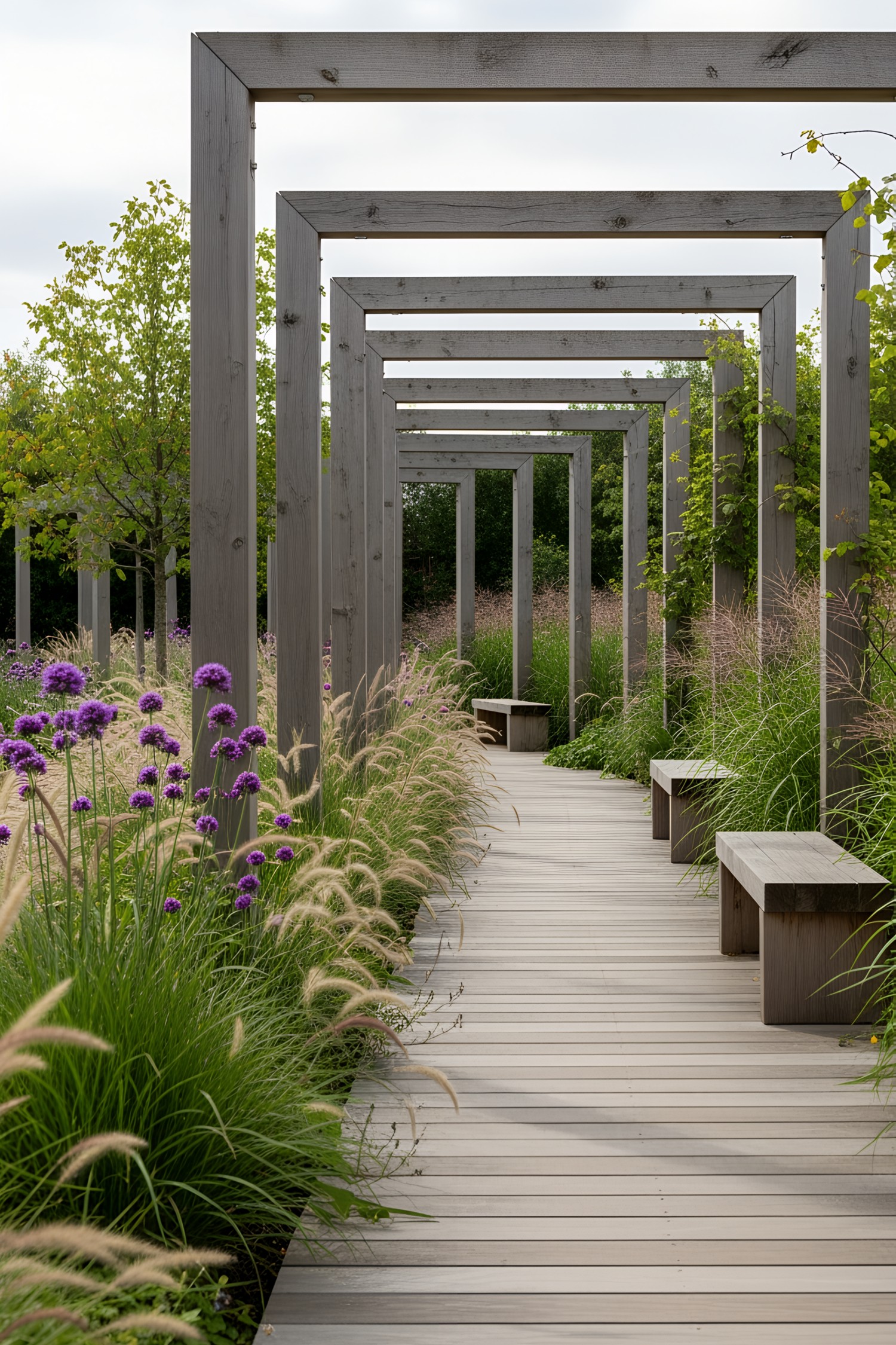 Wooden pergola walkway with purple flowers and lush greenery