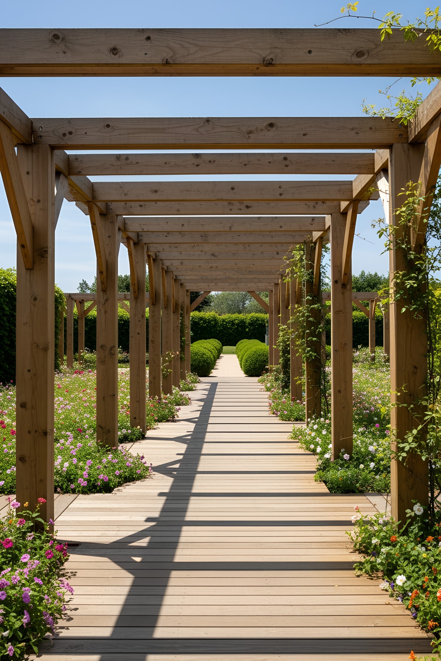 Wooden pergola walkway surrounded by colorful flowers