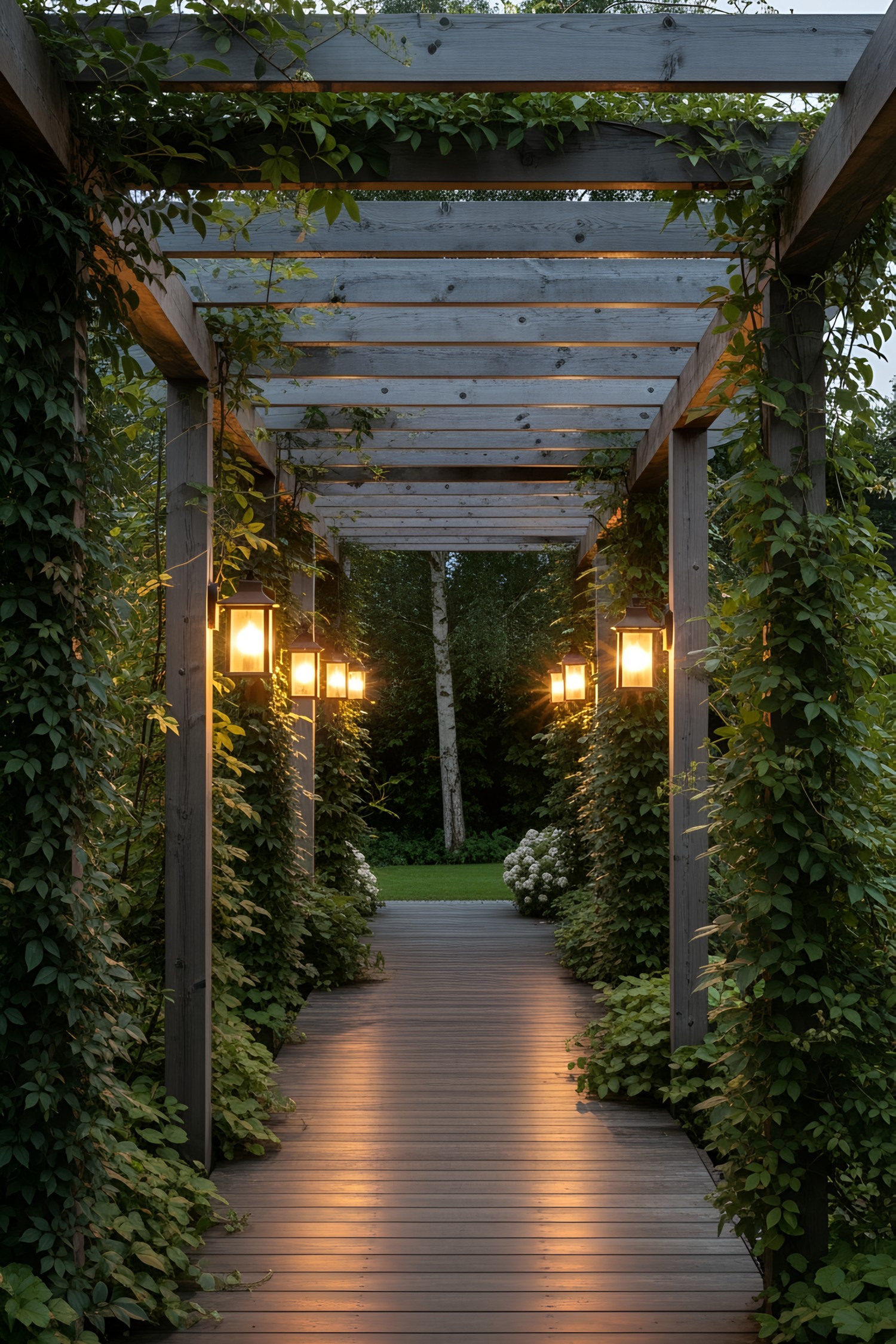 Pergola walkway with hanging lanterns and lush greenery