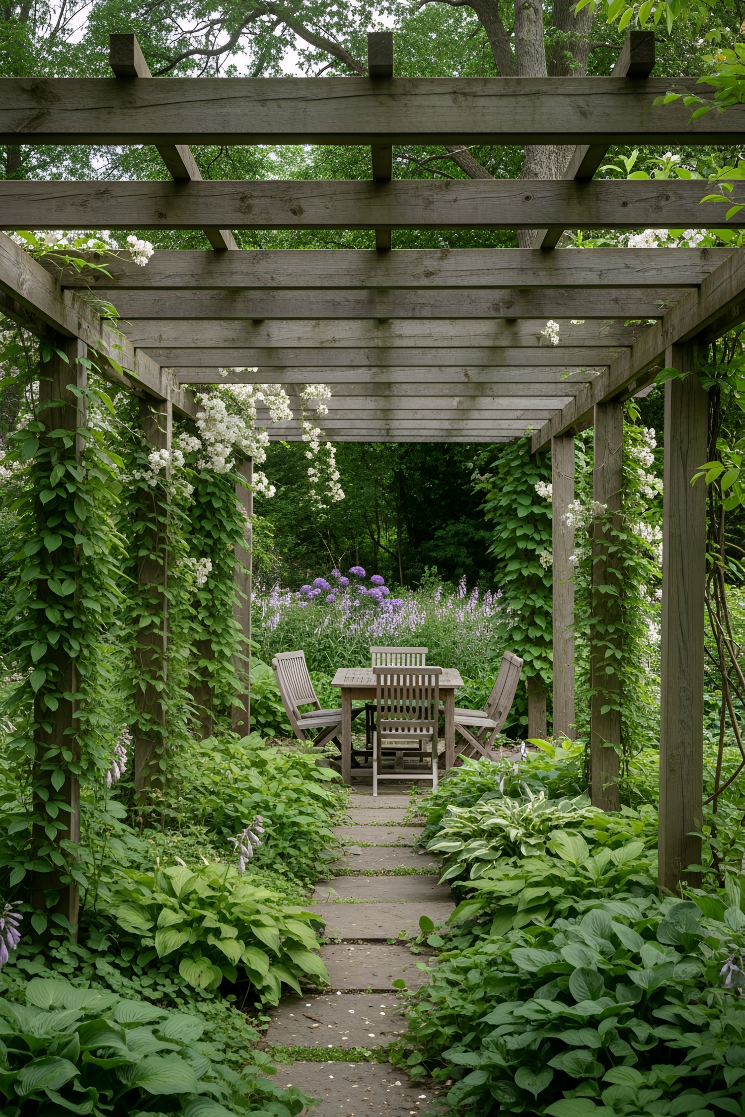 Wooden pergola surrounded by lush greenery and flowers, leading to a garden seating area