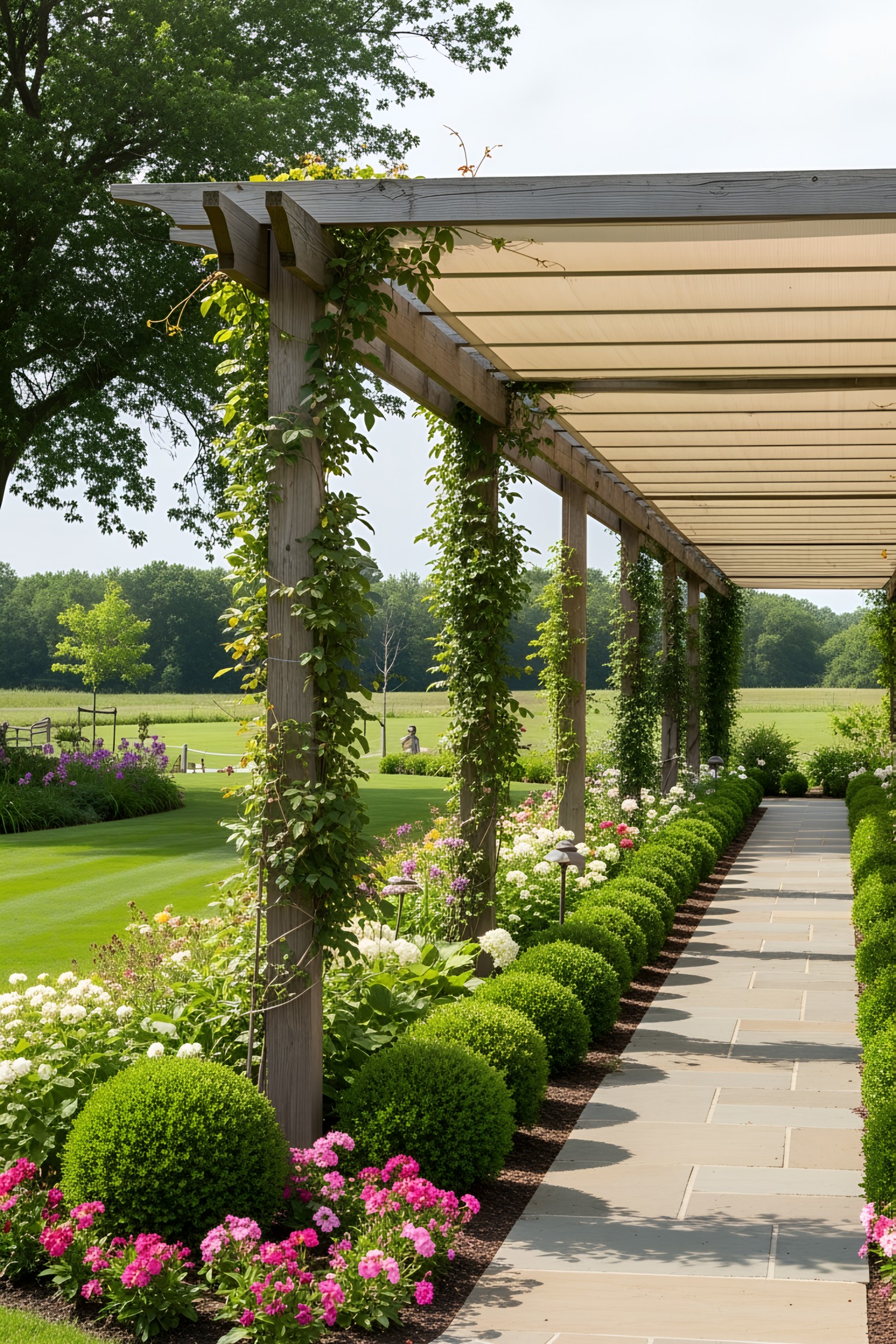 Pergola walkway with lush greenery and vibrant flowers