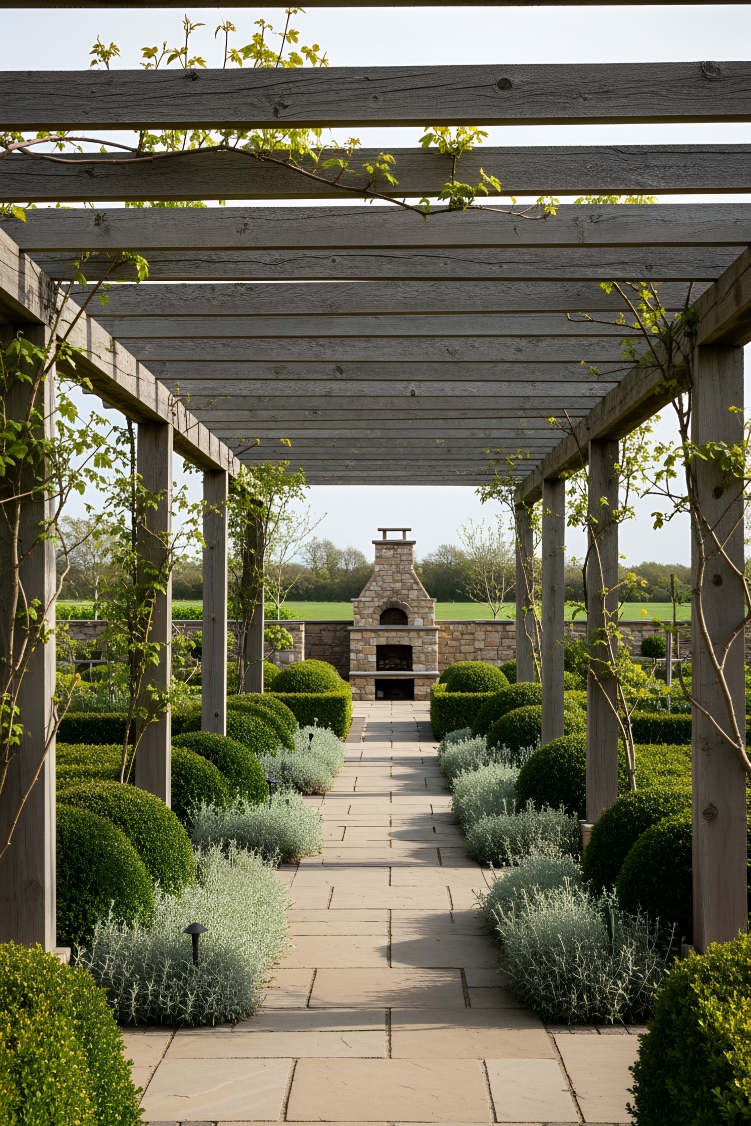 Lush plants line a pergola walkway leading to an outdoor oven