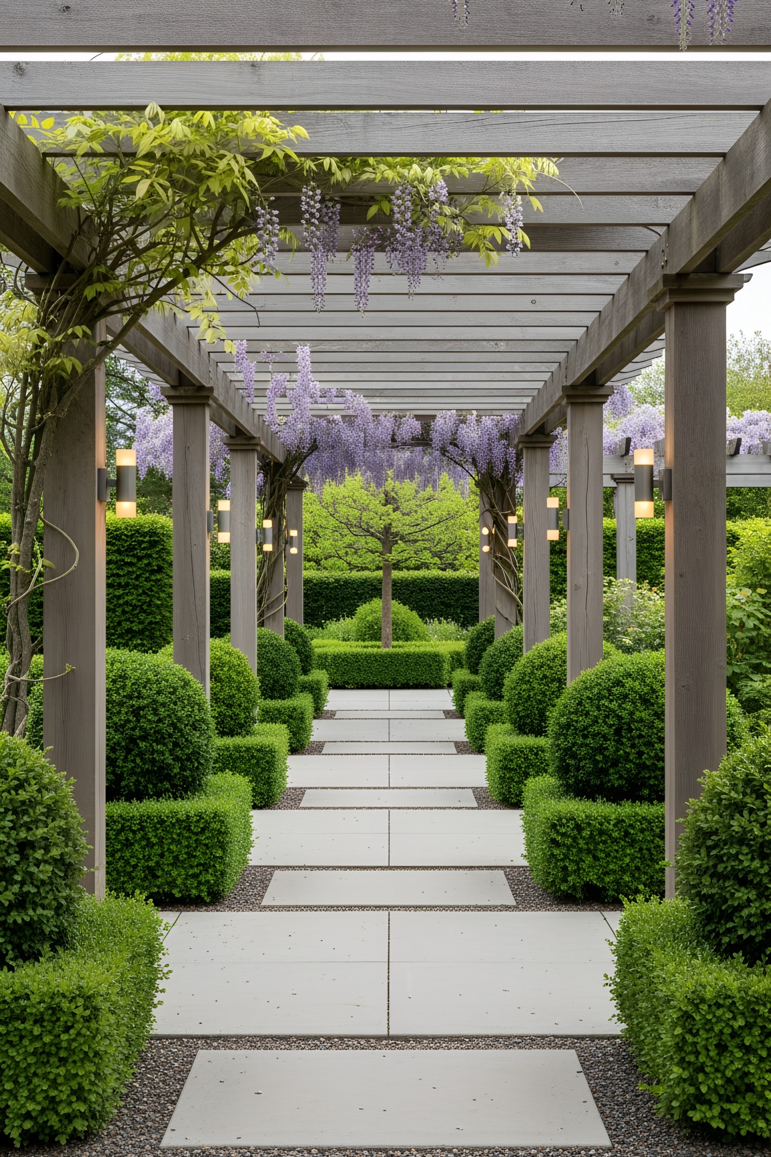 Leafy pergola walkway adorned with vibrant wisteria and lush greenery