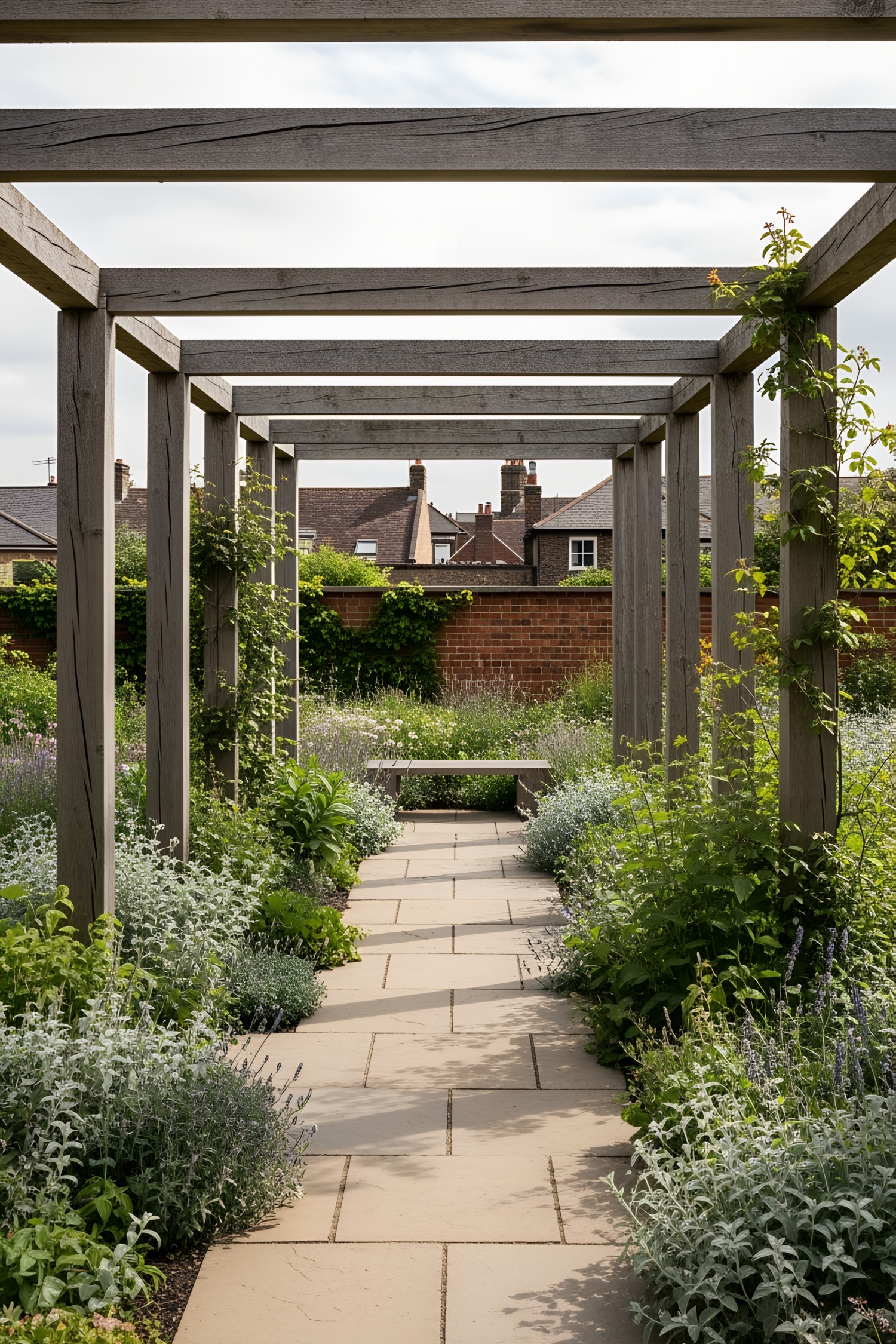Pathway Under Pergola with Lush Greenery