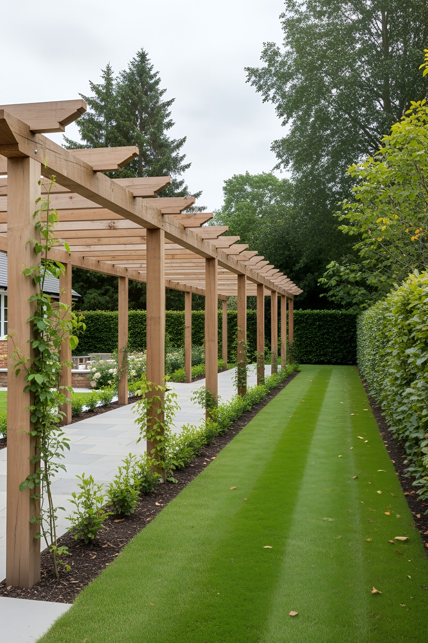 Wooden pergola with lush green surroundings