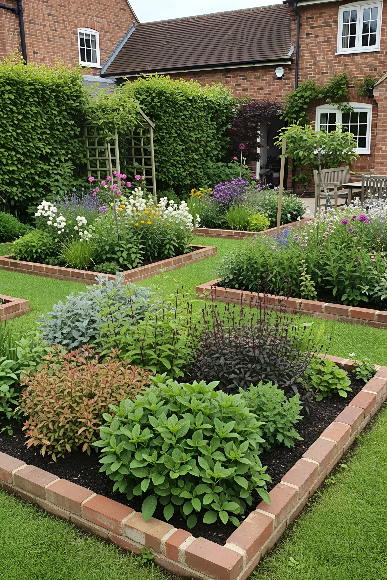 Colorful garden beds with brick edging in a lush backyard