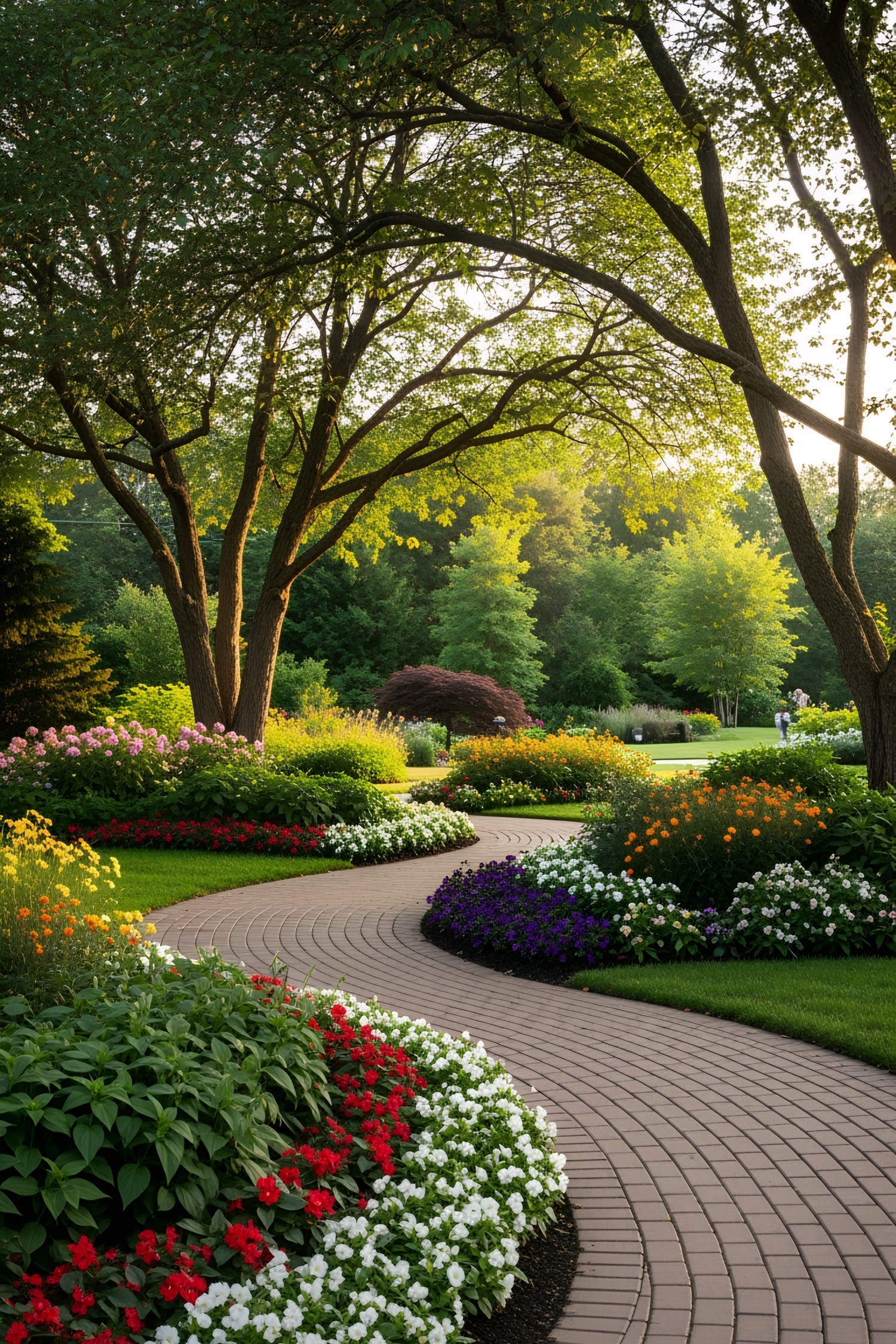 Curved garden path with colorful flowers