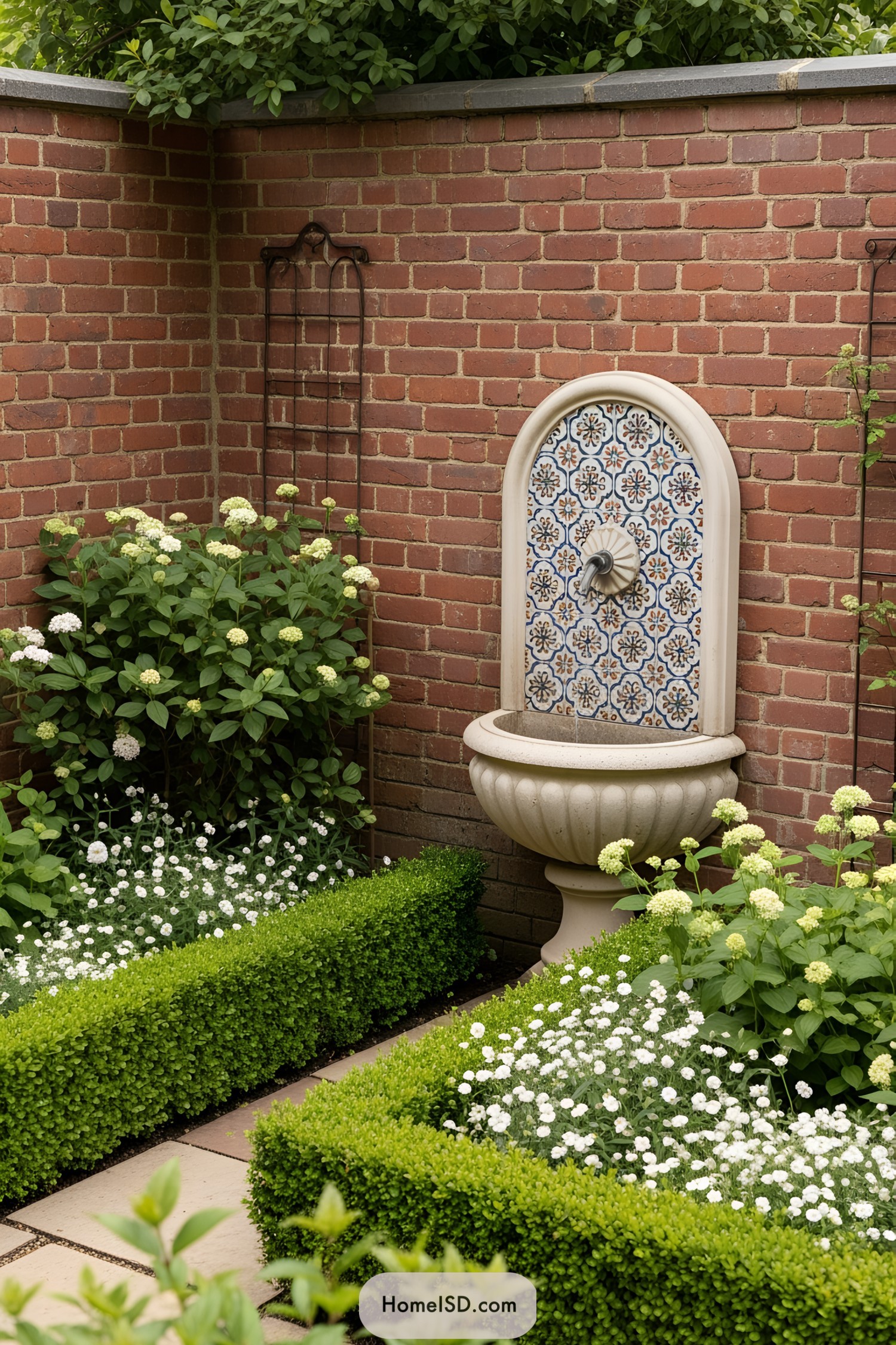 Charming wall fountain amid brick and flowers