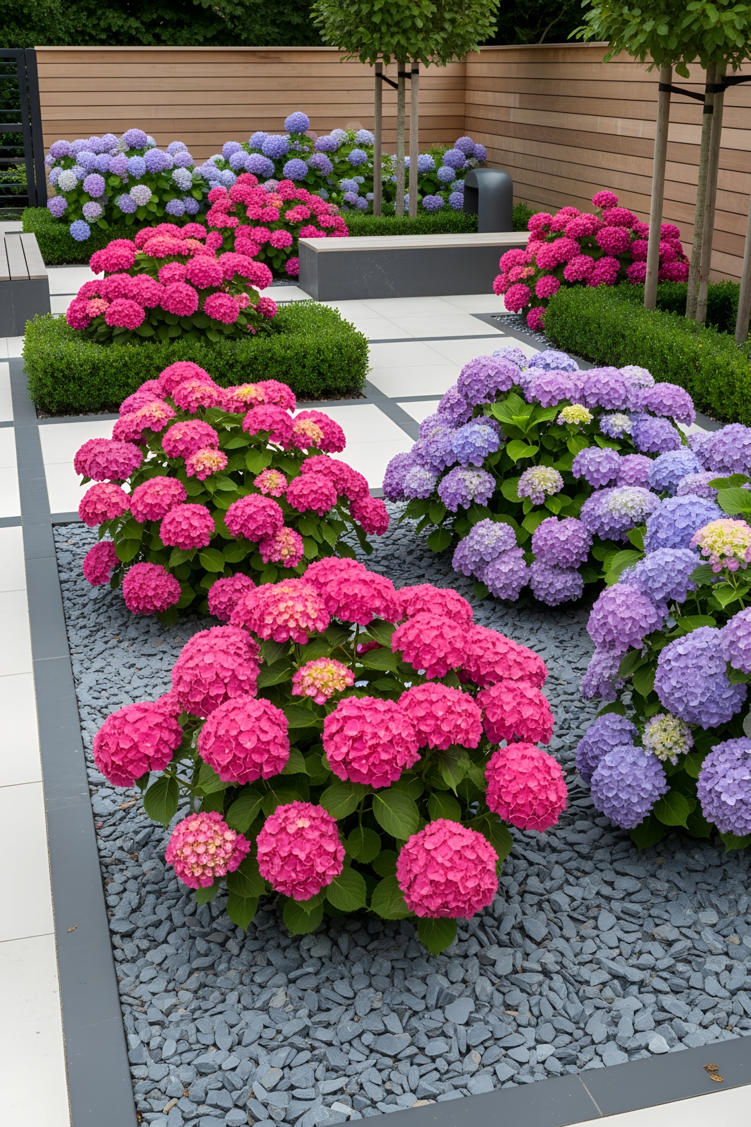 Colorful hydrangeas surrounded by neatly trimmed hedges