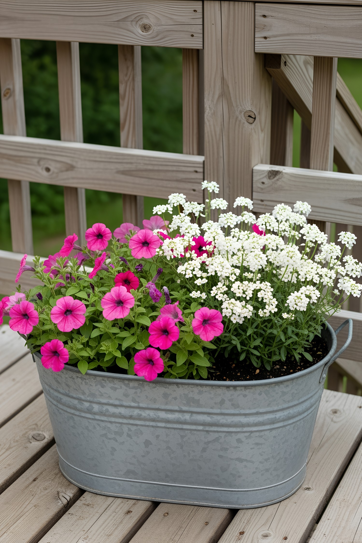 Galvanized planter with vibrant pink and white flowers on a wooden deck