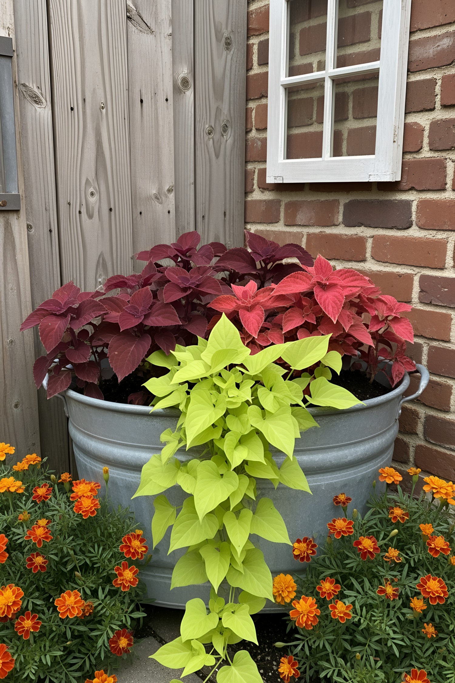 Colorful plants in a galvanized tub by a brick wall