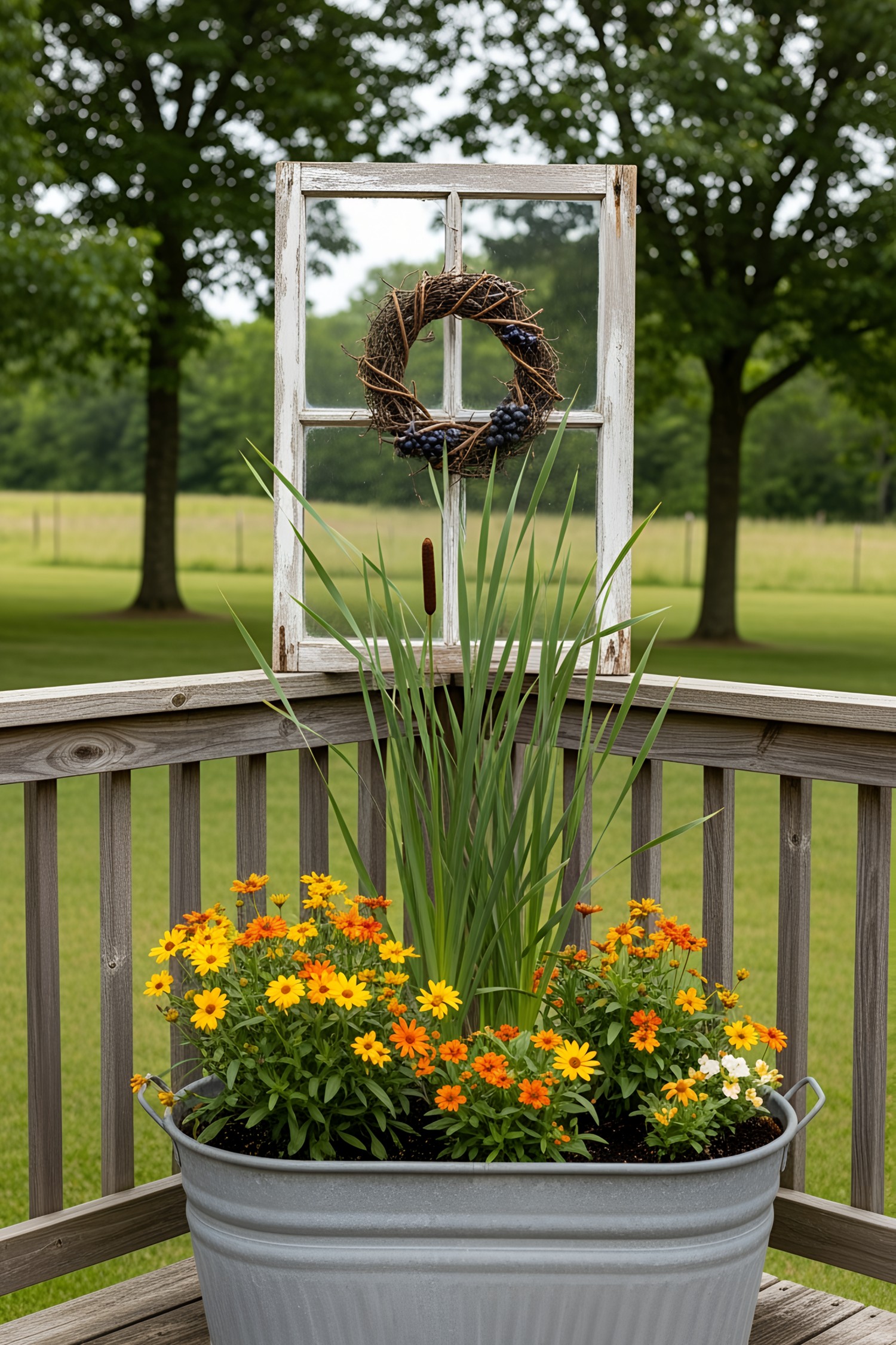 Galvanized tub overflowing with flowers against a wooden deck fence