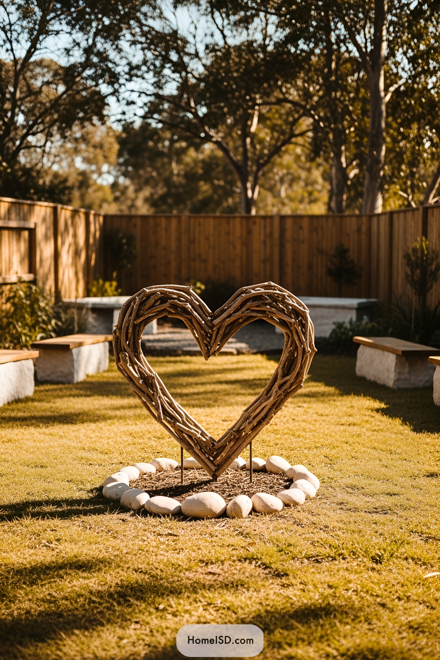 Heart-shaped twig sculpture on grass