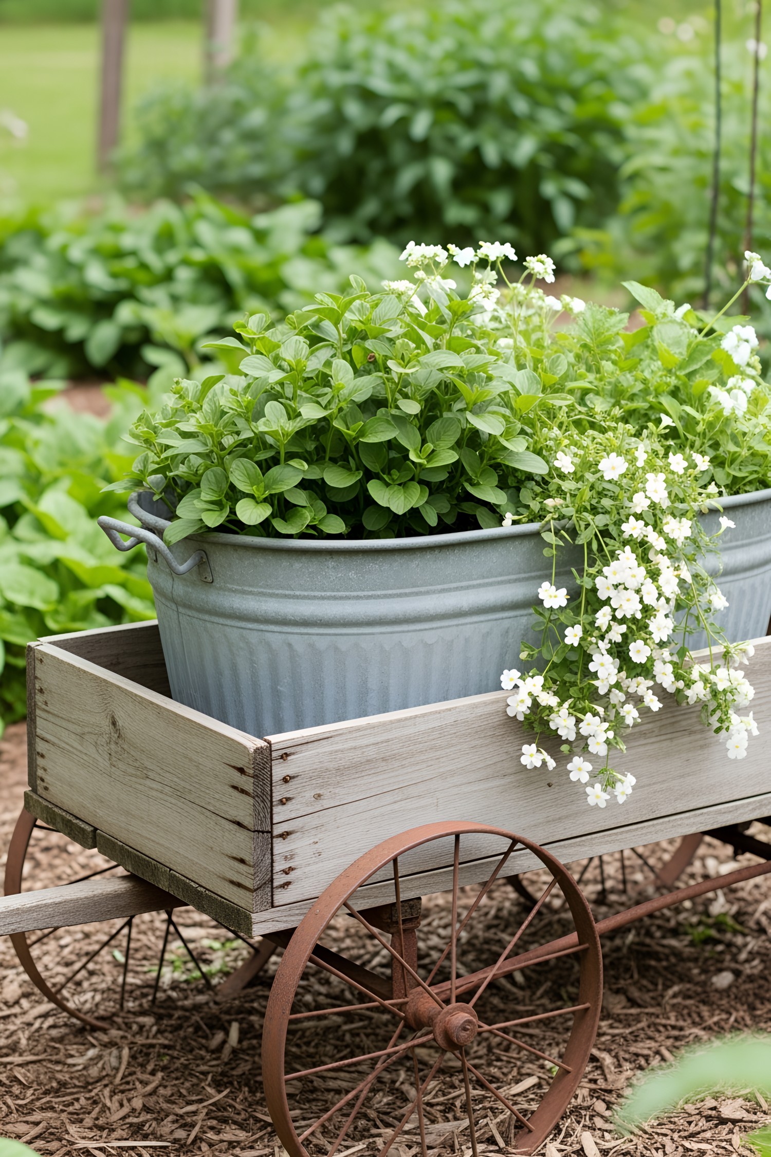 Galvanized tub with flowers on a rustic wooden cart