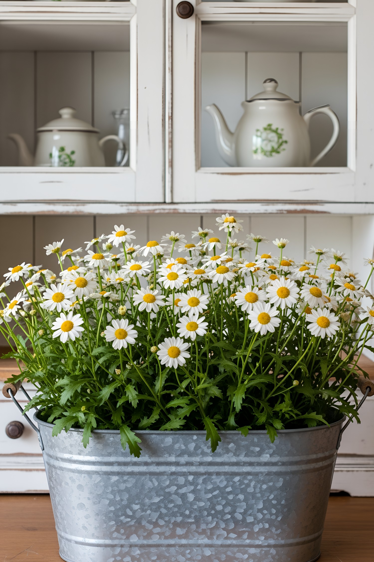 Galvanized tub filled with blooming daisies in front of a rustic cabinet