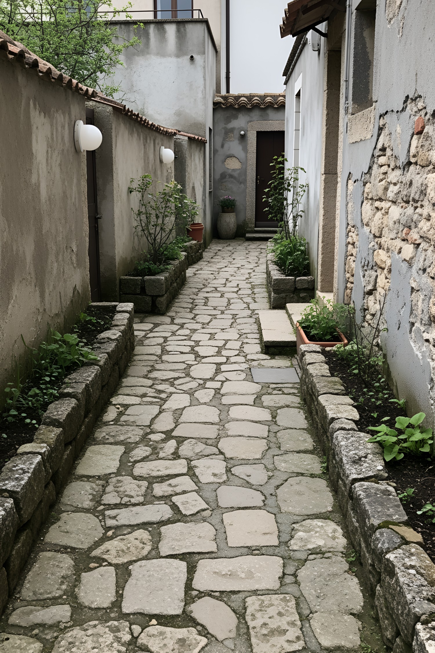 Narrow stone path with rustic walls and greenery