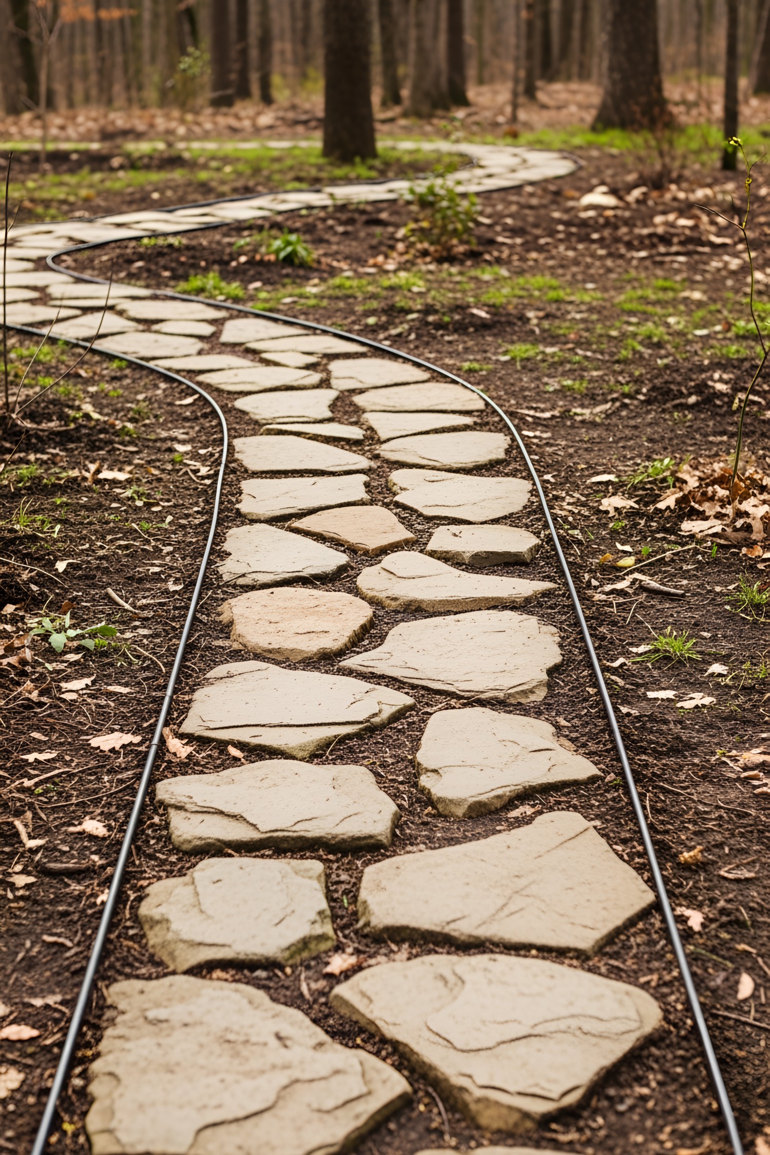 Winding stone path through a forest