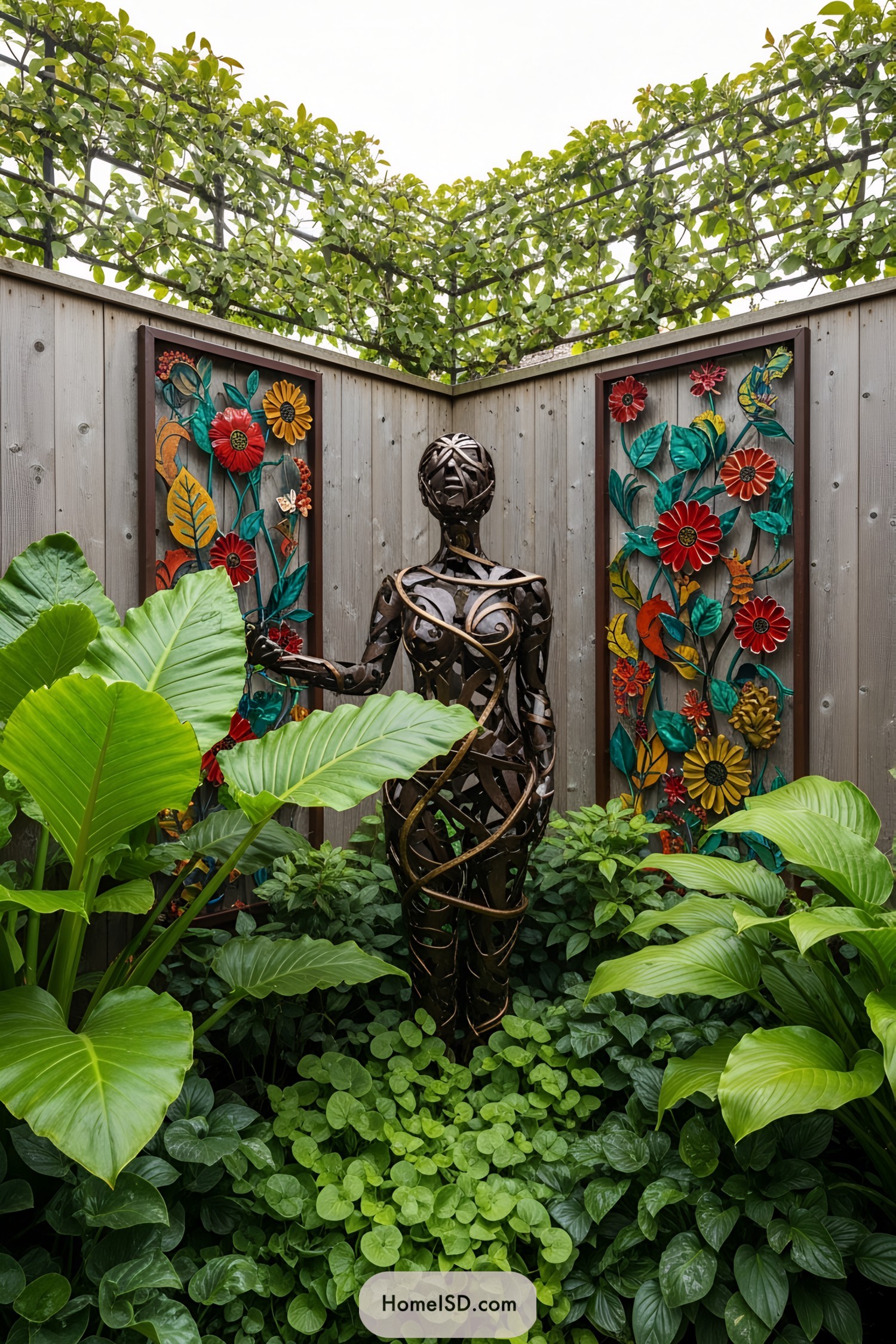 Garden sculpture surrounded by vibrant foliage and colorful panels